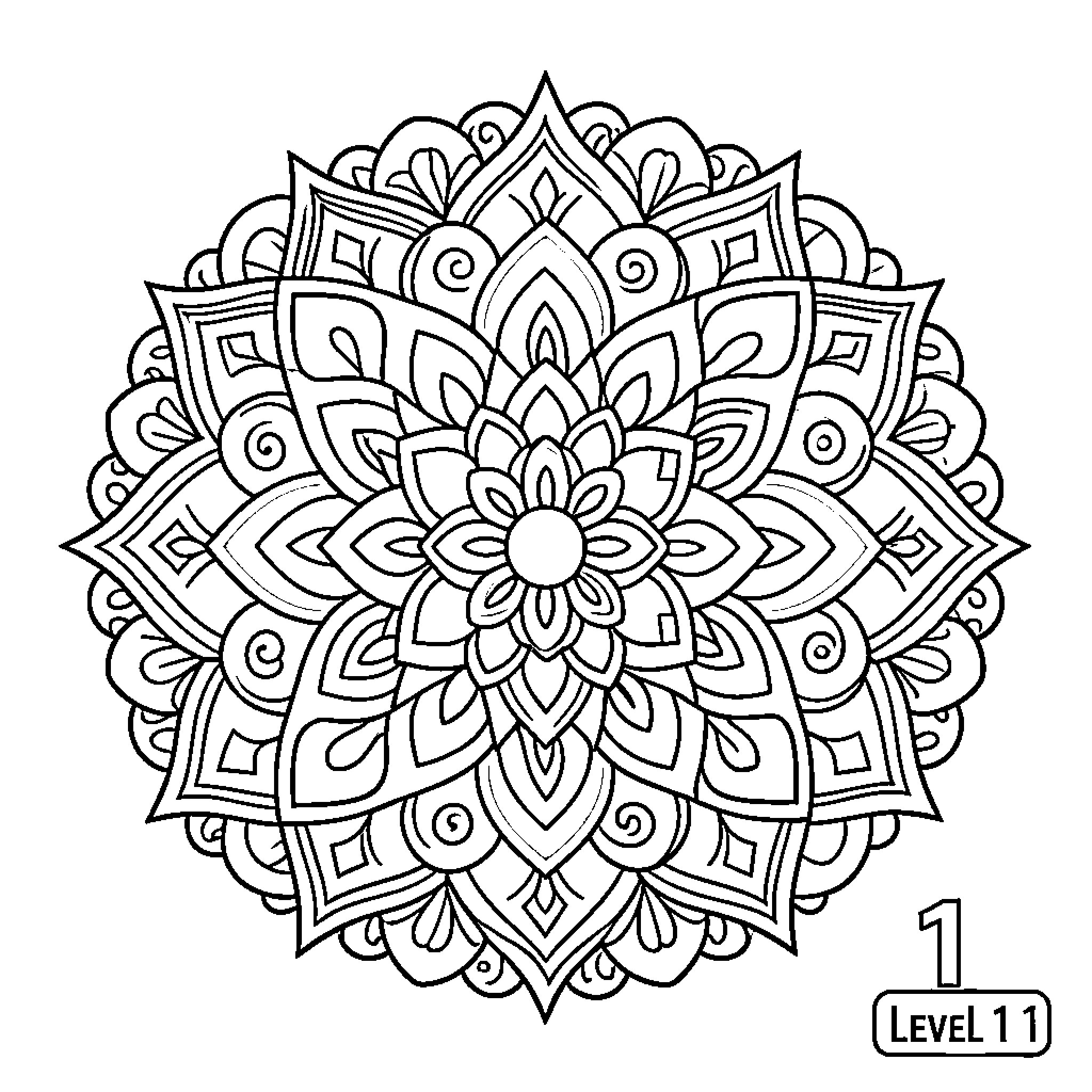 Mandala with intricate floral patterns Coloring Page (free black-and-white line drawing printable PDF for all, from beginners to advanced learners, including children, teens, adults, and seniors)
