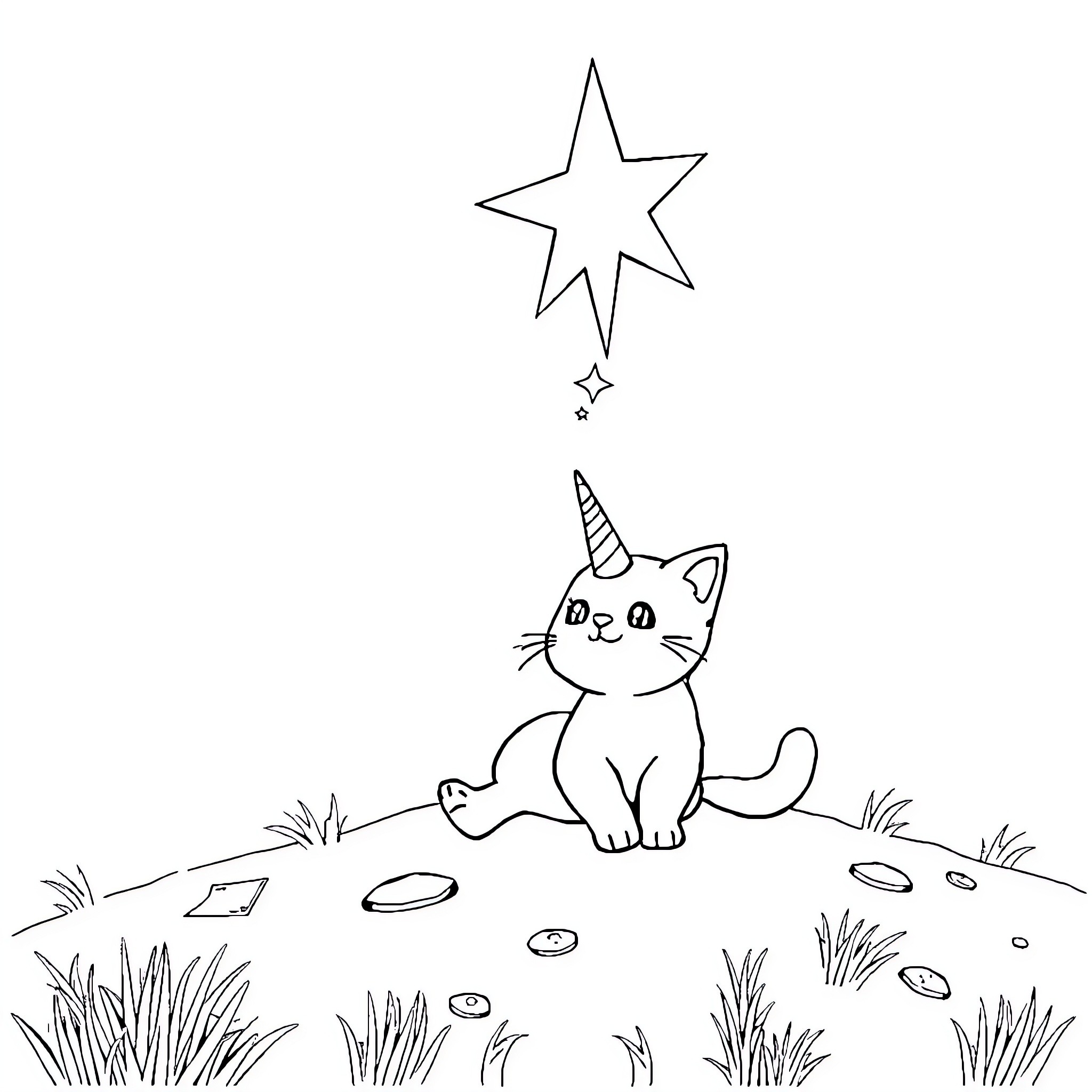 Unicorn Cat looking up at twinkling star Coloring Page (free black-and-white line drawing printable PDF for all, from beginners to advanced learners, including children, teens, adults, and seniors)
