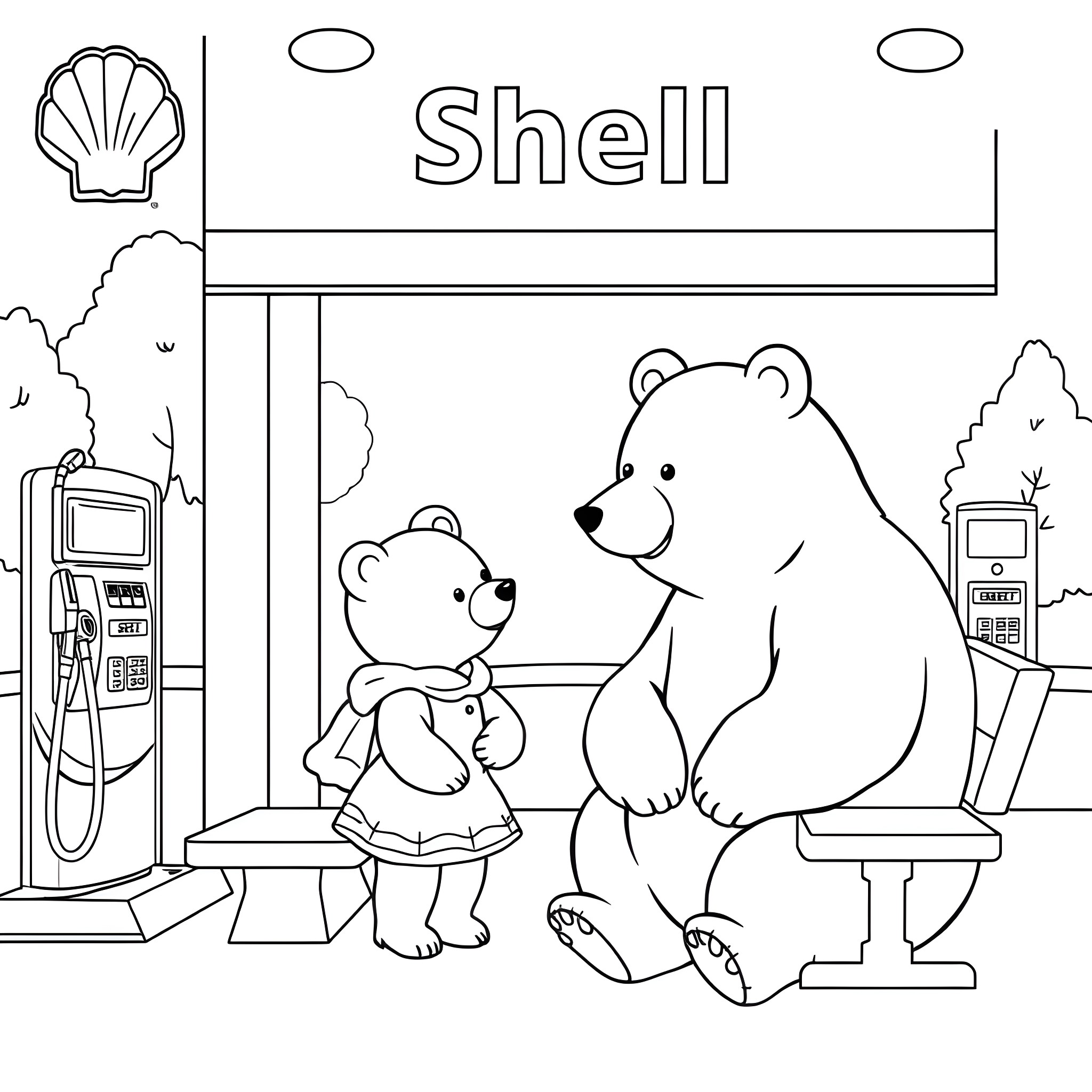 Bear cubs at the Shell gas station Coloring Page (free black-and-white line drawing printable PDF for all, from beginners to advanced learners, including children, teens, adults, and seniors)