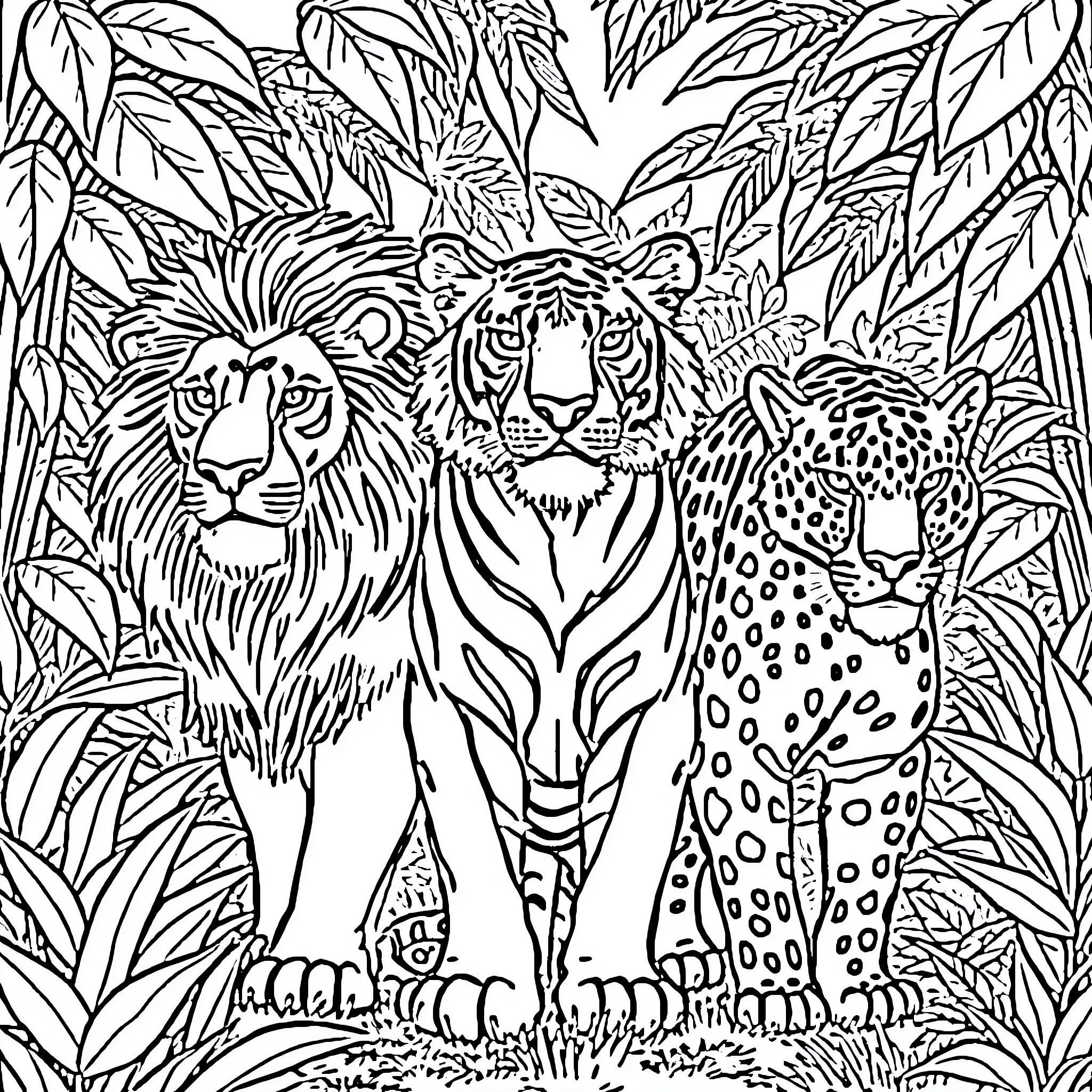 Lion Pride Roaring Fiercely in Lush Jungle Coloring Page (free black-and-white line drawing printable PDF for all, from beginners to advanced learners, including children, teens, adults, and seniors)