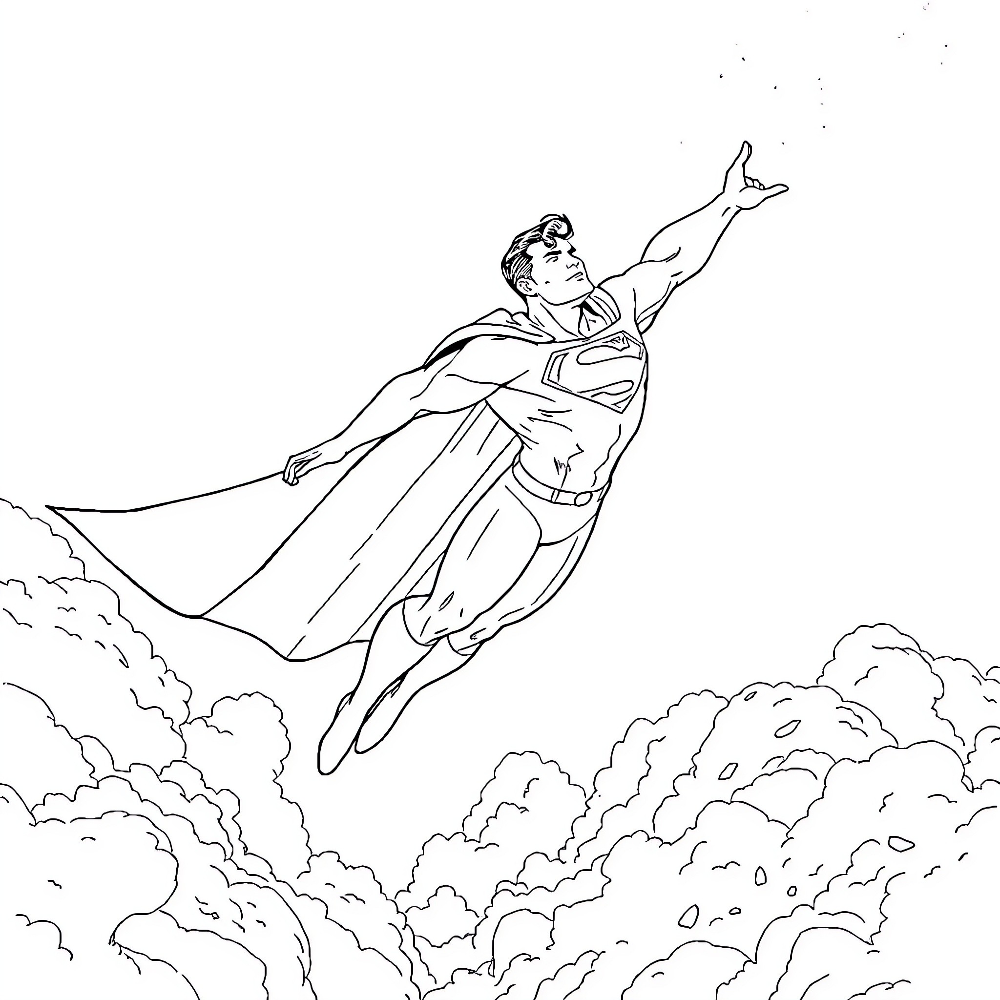 Superman soaring through the skies with determination Coloring Page (free black-and-white line drawing printable PDF for all, from beginners to advanced learners, including children, teens, adults, and seniors)