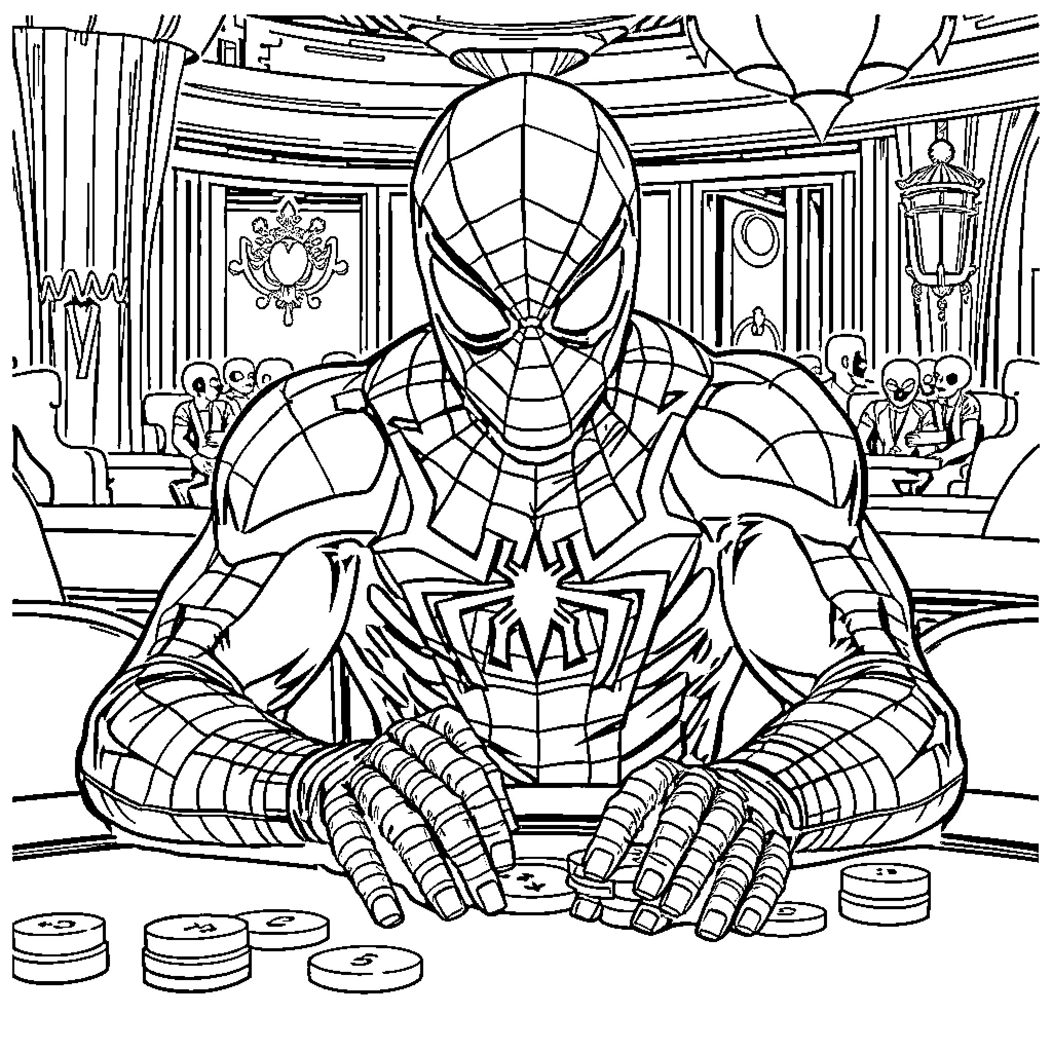 Spiderman in an intricate backdrop Coloring Page (free black-and-white line drawing printable PDF for all, from beginners to advanced learners, including children, teens, adults, and seniors)