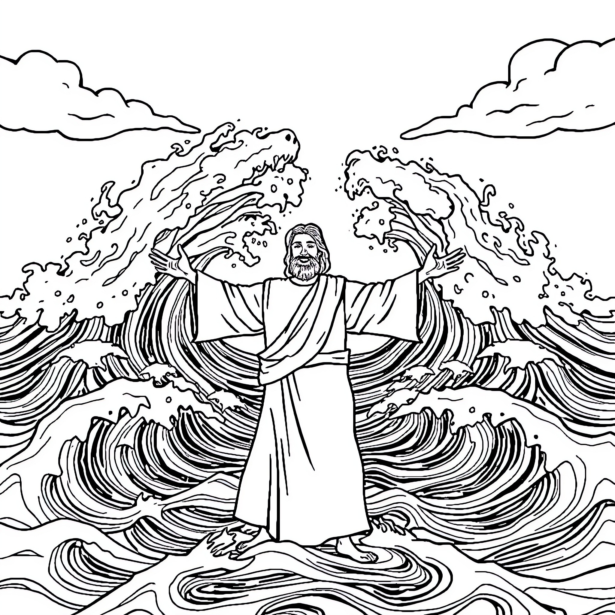 Moses parts the sea with divine power Coloring Page (free black-and-white line drawing printable PDF for all, from beginners to advanced learners, including children, teens, adults, and seniors)