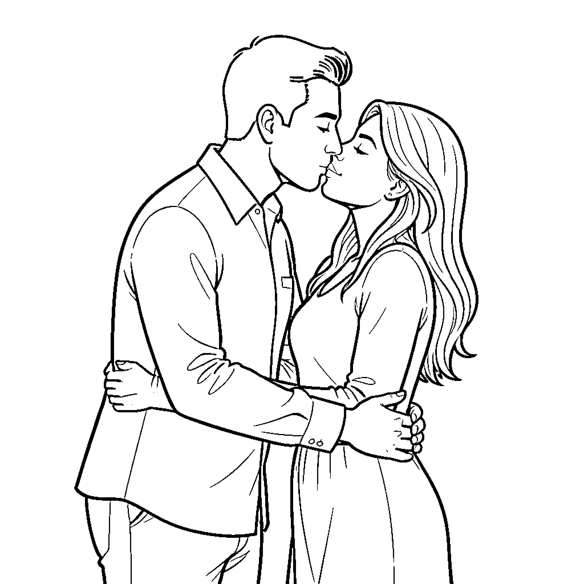Hombre in romantic embrace with woman Coloring Page (free black-and-white line drawing printable PDF for all, from beginners to advanced learners, including children, teens, adults, and seniors)
