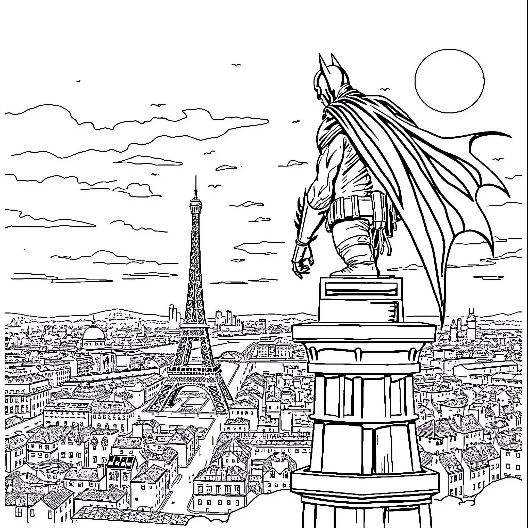 Batman surveys the city at night Coloring Page (free black-and-white line drawing printable PDF for all, from beginners to advanced learners, including children, teens, adults, and seniors)