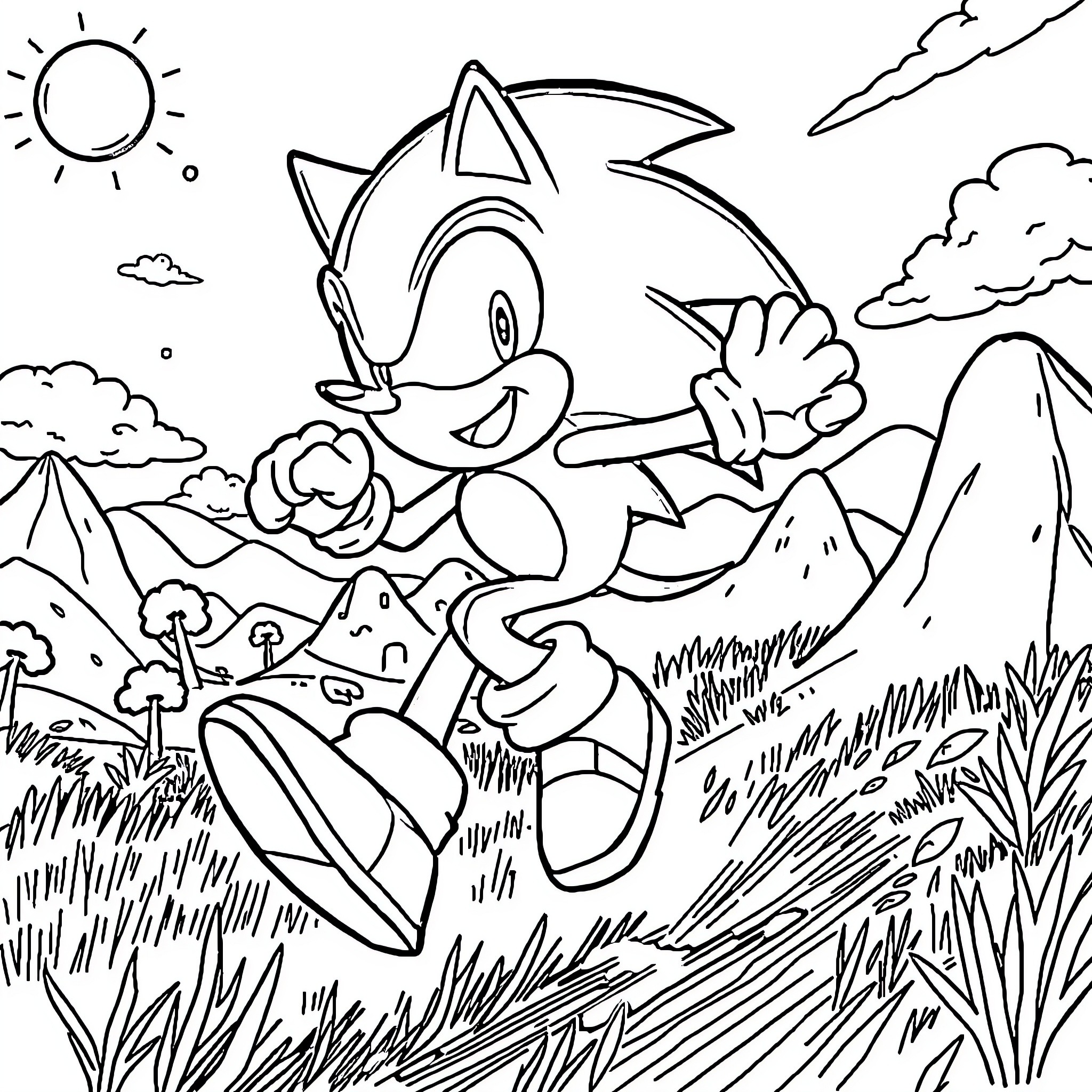 Sonic enjoying the great outdoors in nature Coloring Page (free black-and-white line drawing printable PDF for all, from beginners to advanced learners, including children, teens, adults, and seniors)