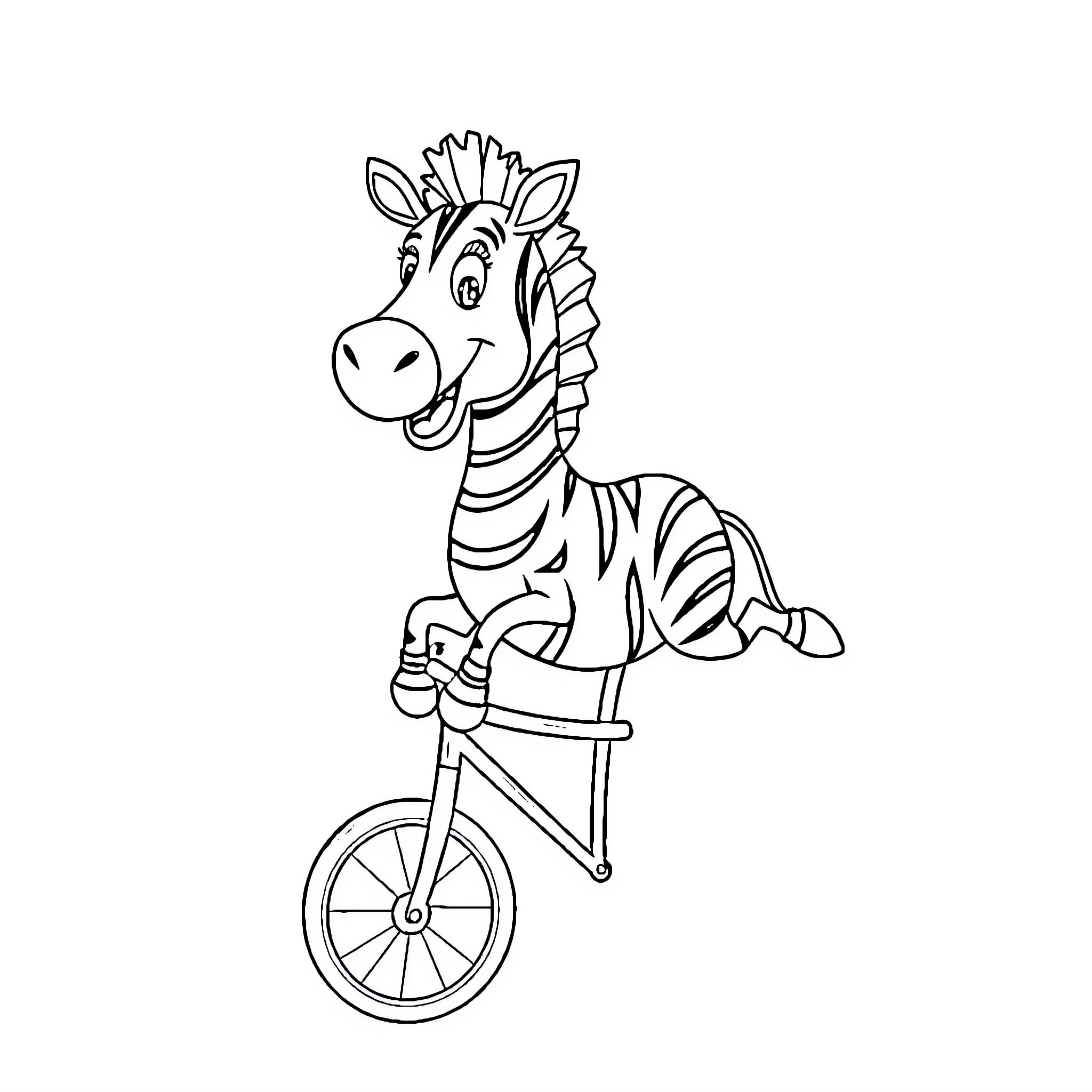 Zebra riding a unicycle happily Coloring Page (free black-and-white line drawing printable PDF for all, from beginners to advanced learners, including children, teens, adults, and seniors)