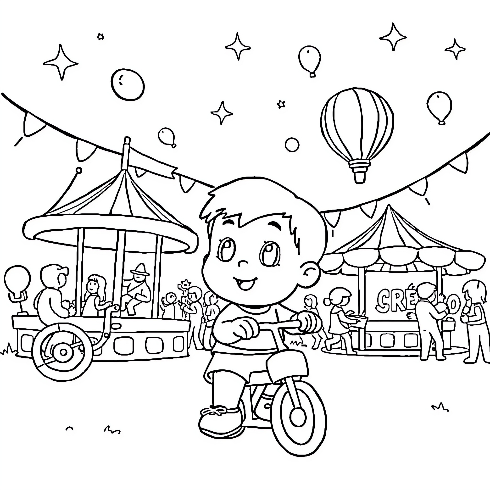 Pocoyo enjoying the carnival rides and attractions Coloring Page (free black-and-white line drawing printable PDF for all, from beginners to advanced learners, including children, teens, adults, and seniors)
