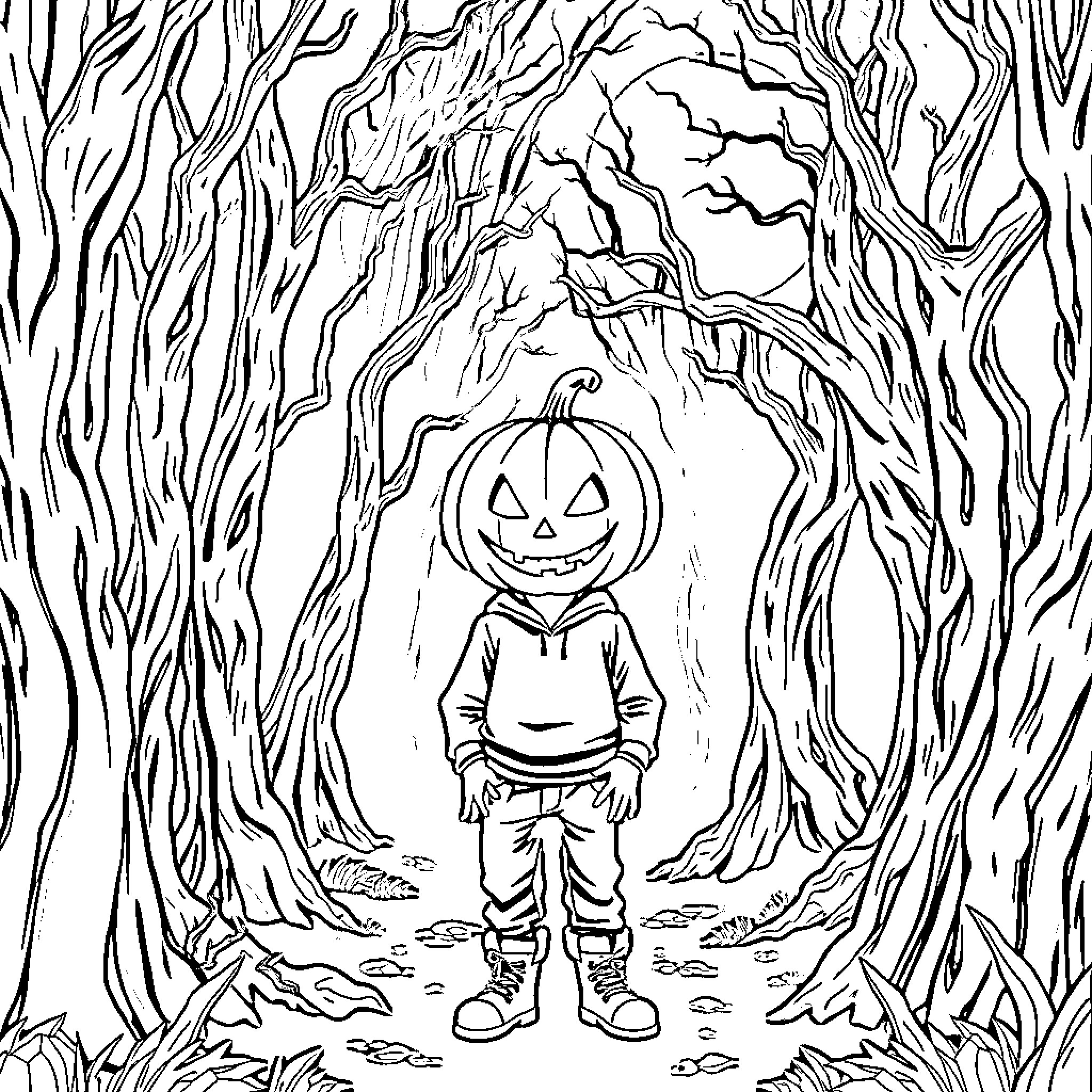 Boy in pumpkin head walking through spooky forest Coloring Page (free black-and-white line drawing printable PDF for all, from beginners to advanced learners, including children, teens, adults, and seniors)