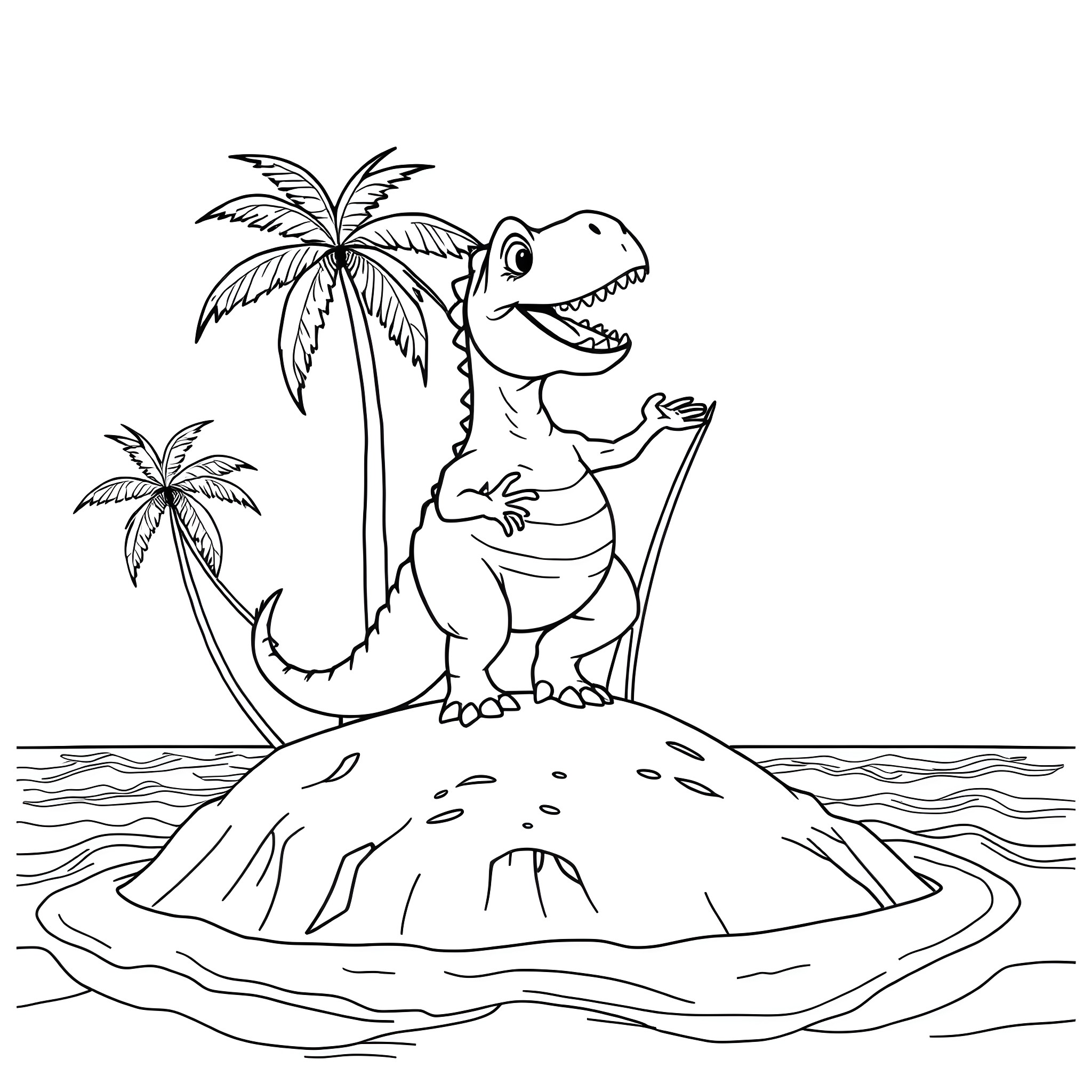 Dinosaur on a tropical island Coloring Page (free black-and-white line drawing printable PDF for all, from beginners to advanced learners, including children, teens, adults, and seniors)