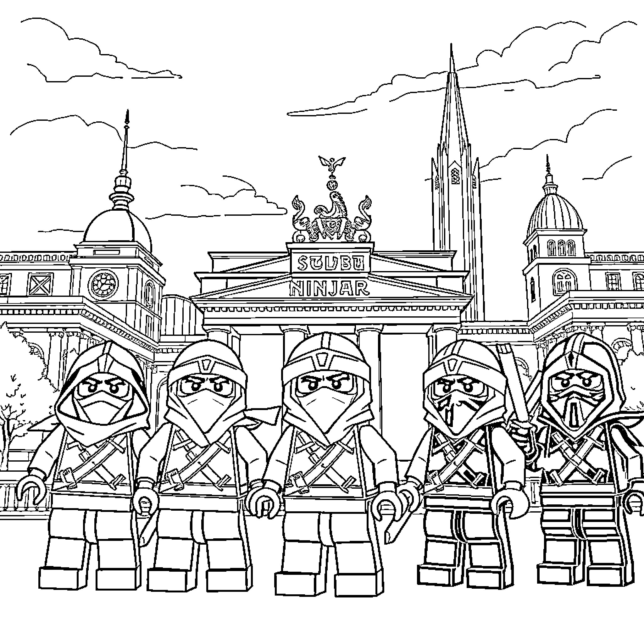Ninjago Warriors Guarding the City Coloring Page (free black-and-white line drawing printable PDF for all, from beginners to advanced learners, including children, teens, adults, and seniors)