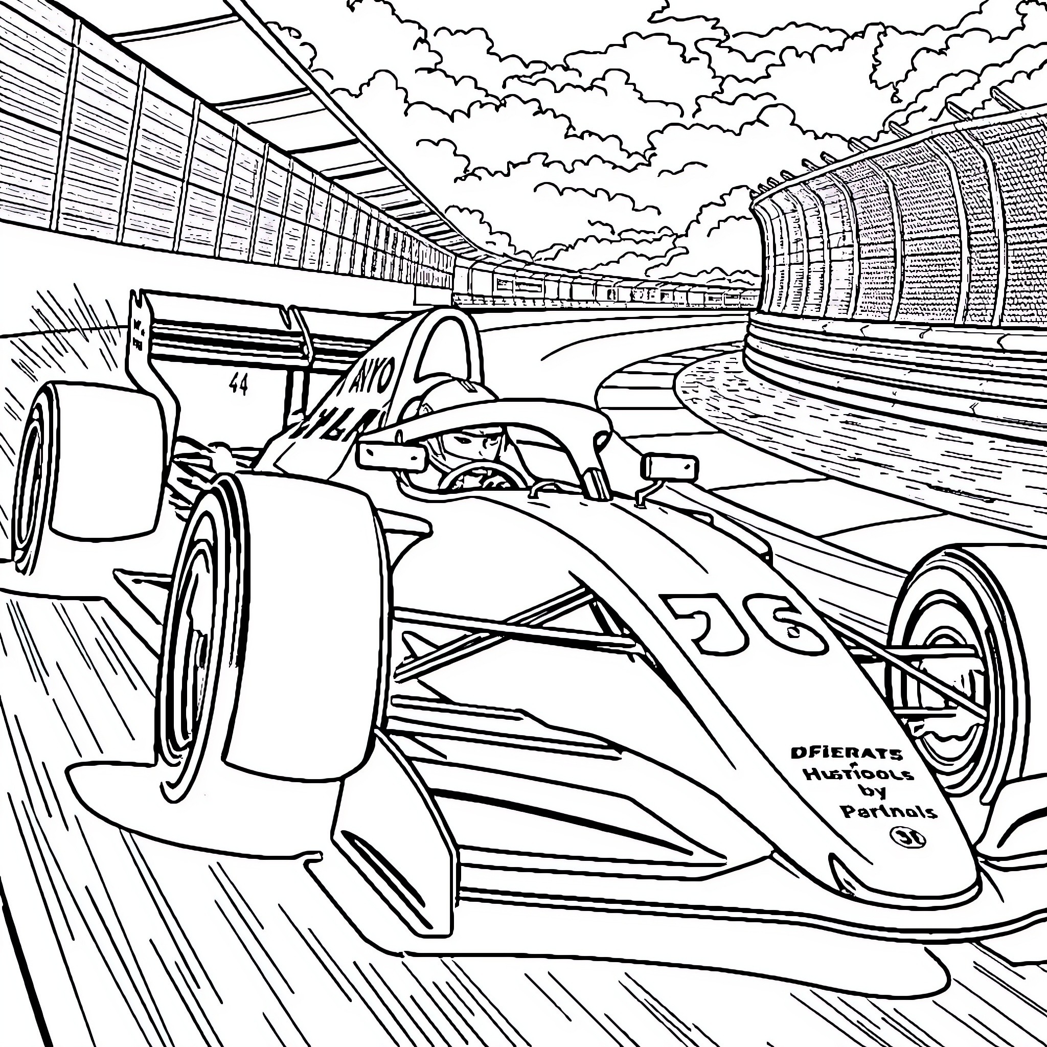 F1 Car racing on the track with dramatic clouds Coloring Page (free black-and-white line drawing printable PDF for all, from beginners to advanced learners, including children, teens, adults, and seniors)