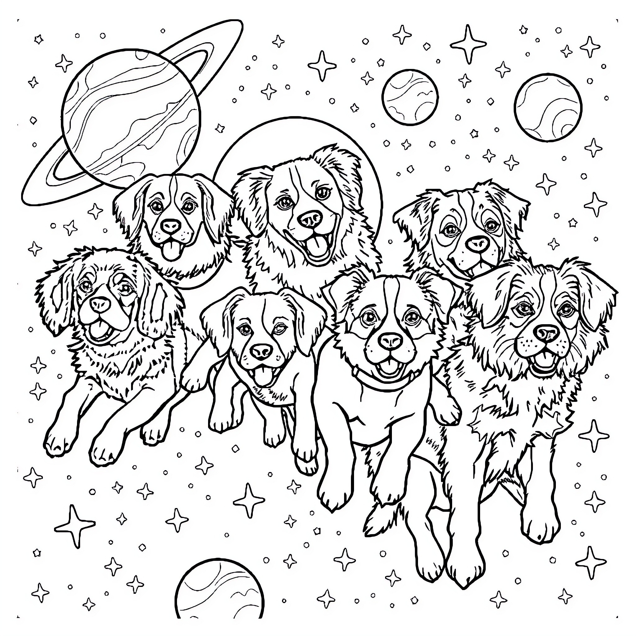 Dogs Playing Among the Stars Coloring Page (free black-and-white line drawing printable PDF for all, from beginners to advanced learners, including children, teens, adults, and seniors)