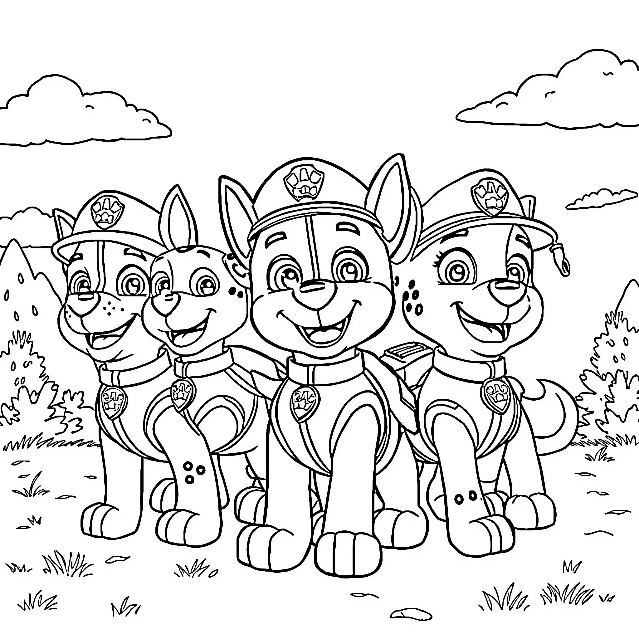 Paw Patrol Puppies on an Adventure Coloring Page (free black-and-white line drawing printable PDF for all, from beginners to advanced learners, including children, teens, adults, and seniors)