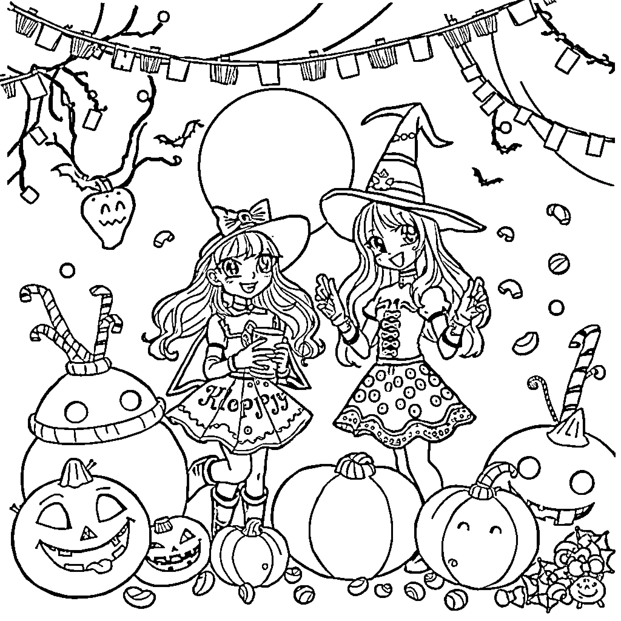 Halloween Celebration with Whimsical Characters Coloring Page (free black-and-white line drawing printable PDF for all, from beginners to advanced learners, including children, teens, adults, and seniors)