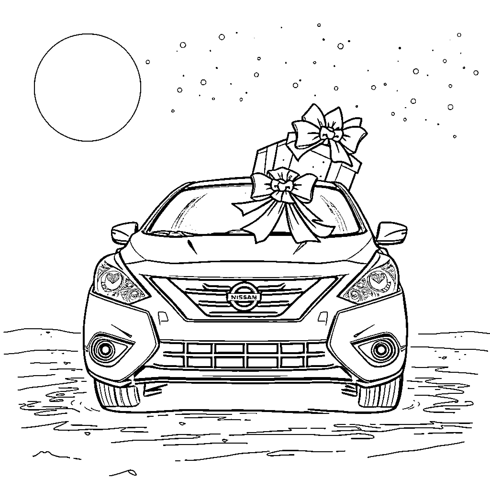 Car with gift-wrapped presents on the roof Coloring Page (free black-and-white line drawing printable PDF for all, from beginners to advanced learners, including children, teens, adults, and seniors)