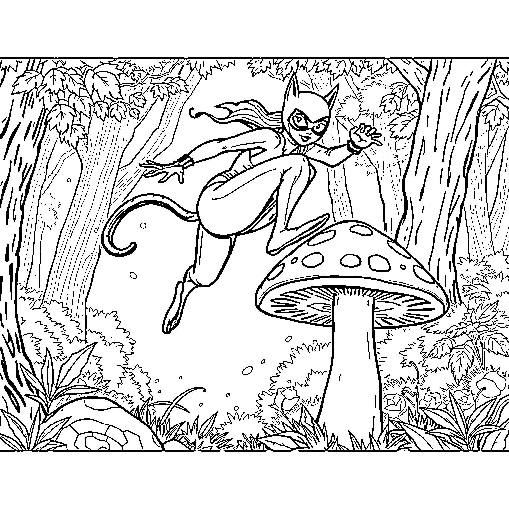 Cat Woman leaping through whimsical forest scene Coloring Page (free black-and-white line drawing printable PDF for all, from beginners to advanced learners, including children, teens, adults, and seniors)