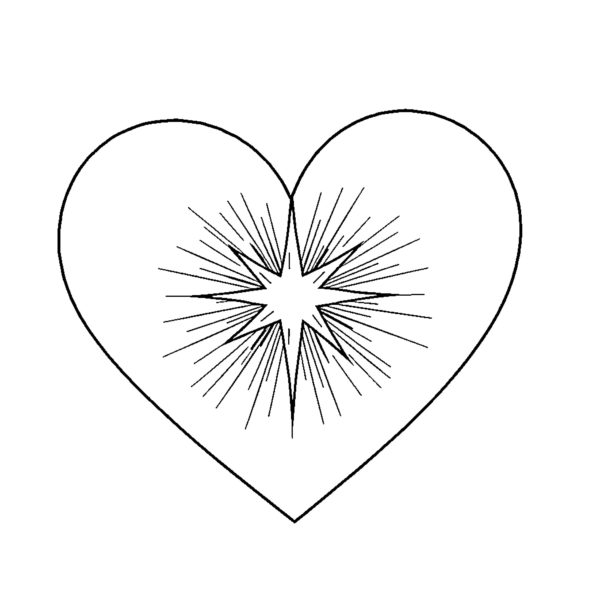Heart Radiating with Starburst Design Coloring Page (free black-and-white line drawing printable PDF for all, from beginners to advanced learners, including children, teens, adults, and seniors)