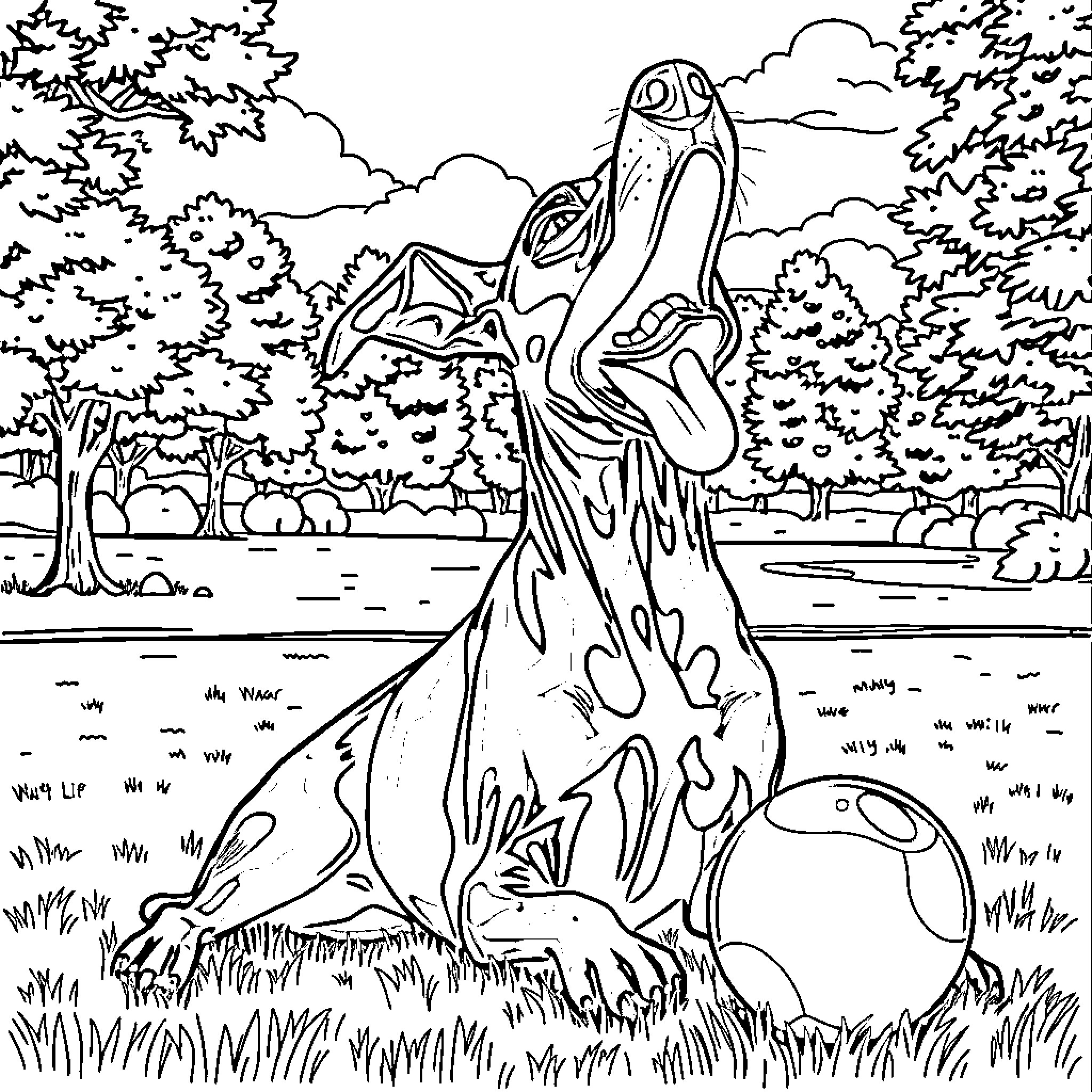 Doberman Howling in Enchanted Forest Coloring Page (free black-and-white line drawing printable PDF for all, from beginners to advanced learners, including children, teens, adults, and seniors)