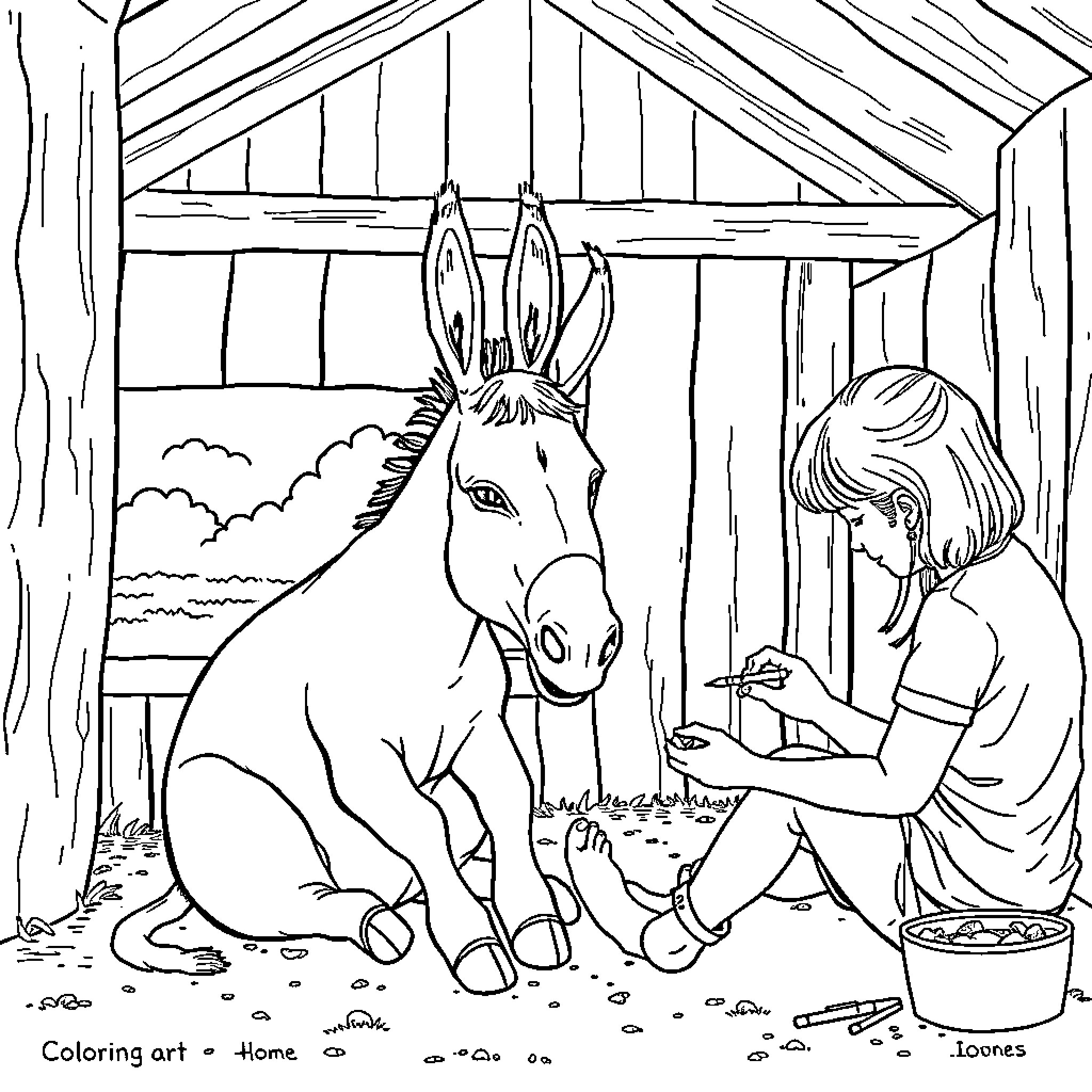 Donkey and girl interact in rustic barn setting Coloring Page (free black-and-white line drawing printable PDF for all, from beginners to advanced learners, including children, teens, adults, and seniors)