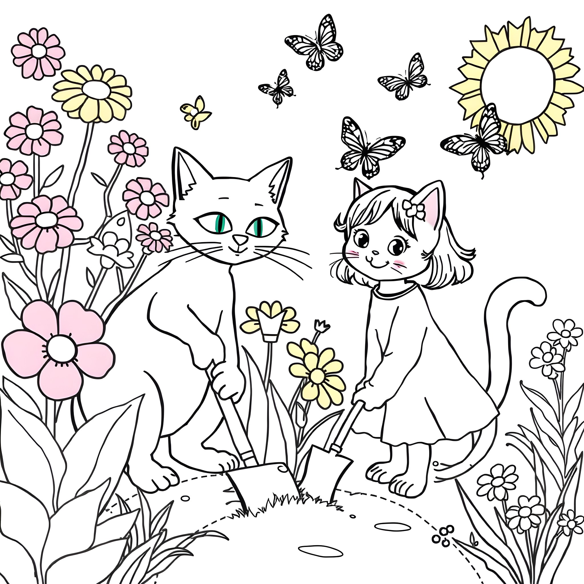 Pete the Cat and a Little Girl Explore the Flower Garden Coloring Page (free black-and-white line drawing printable PDF for all, from beginners to advanced learners, including children, teens, adults, and seniors)