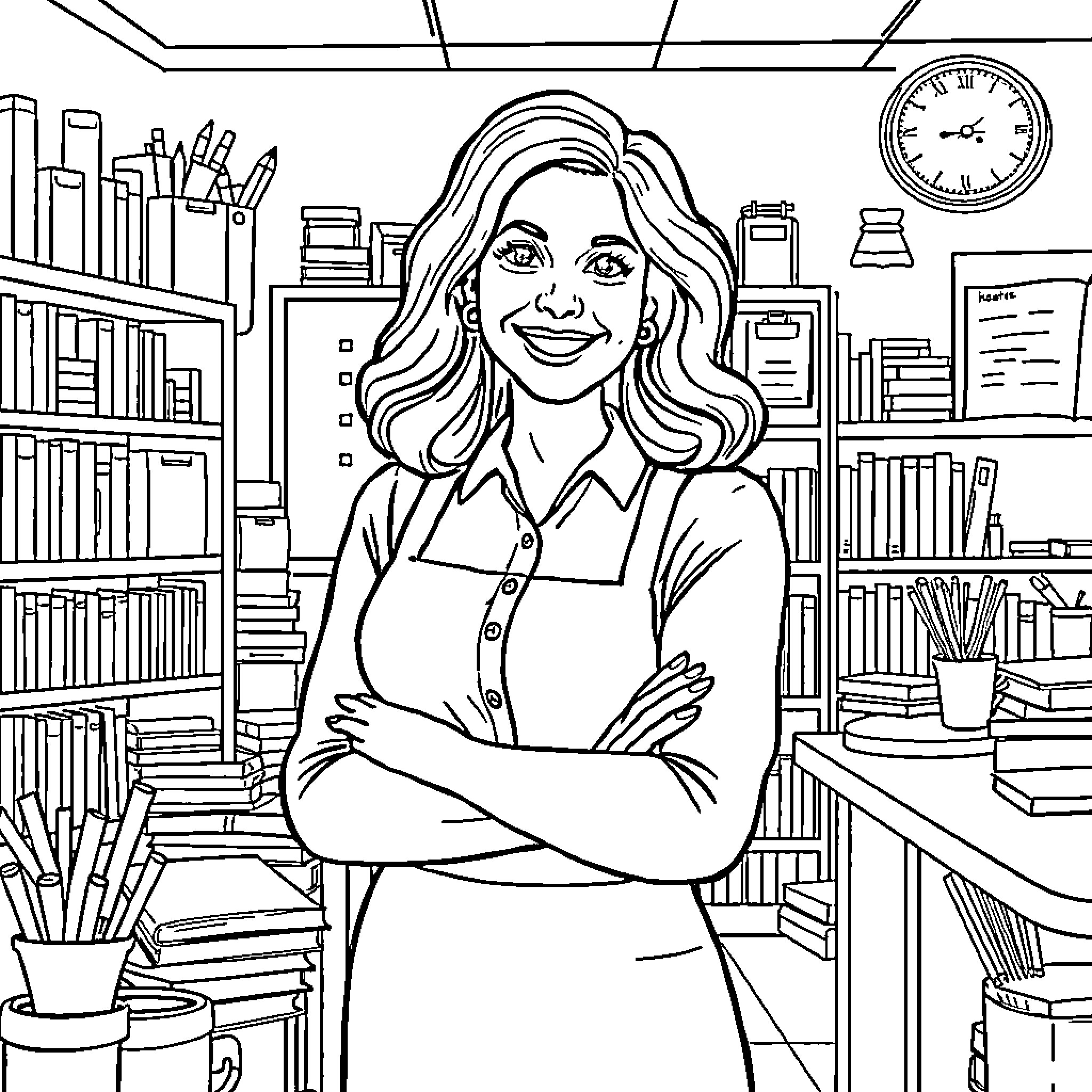Merci: Smiling Woman in Office Environment Coloring Page (free black-and-white line drawing printable PDF for all, from beginners to advanced learners, including children, teens, adults, and seniors)