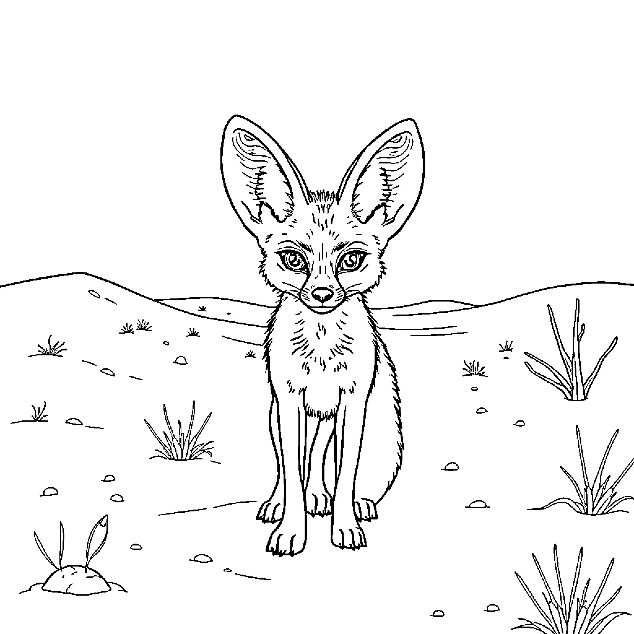 Fennec Fox exploring the desert landscape Coloring Page (free black-and-white line drawing printable PDF for all, from beginners to advanced learners, including children, teens, adults, and seniors)
