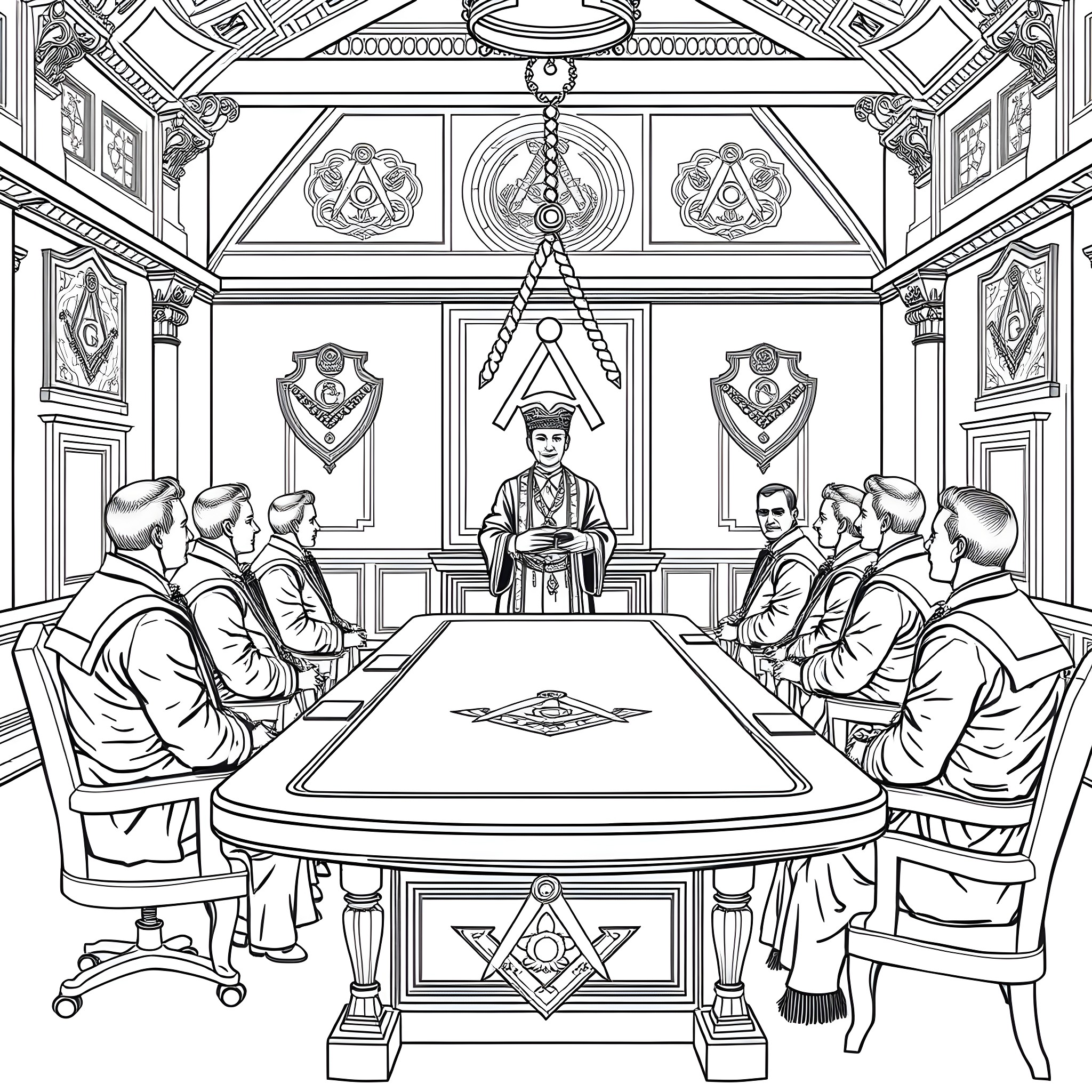 Master Meeting in Ornate Council Chamber Coloring Page (free black-and-white line drawing printable PDF for all, from beginners to advanced learners, including children, teens, adults, and seniors)