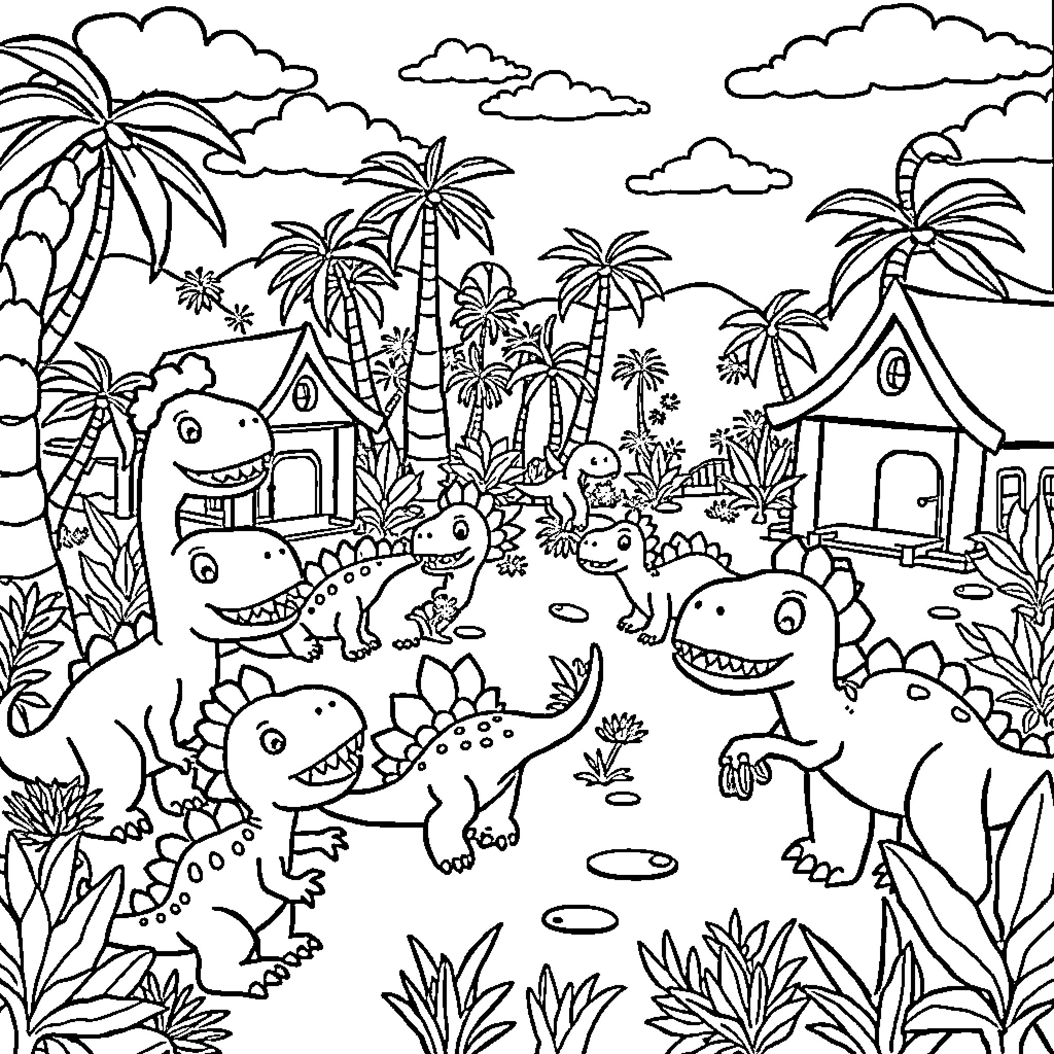 Dinosaur Wonderland: Cartoon Dinosaurs Exploring Tropical Landscape Coloring Page (free black-and-white line drawing printable PDF for all, from beginners to advanced learners, including children, teens, adults, and seniors)