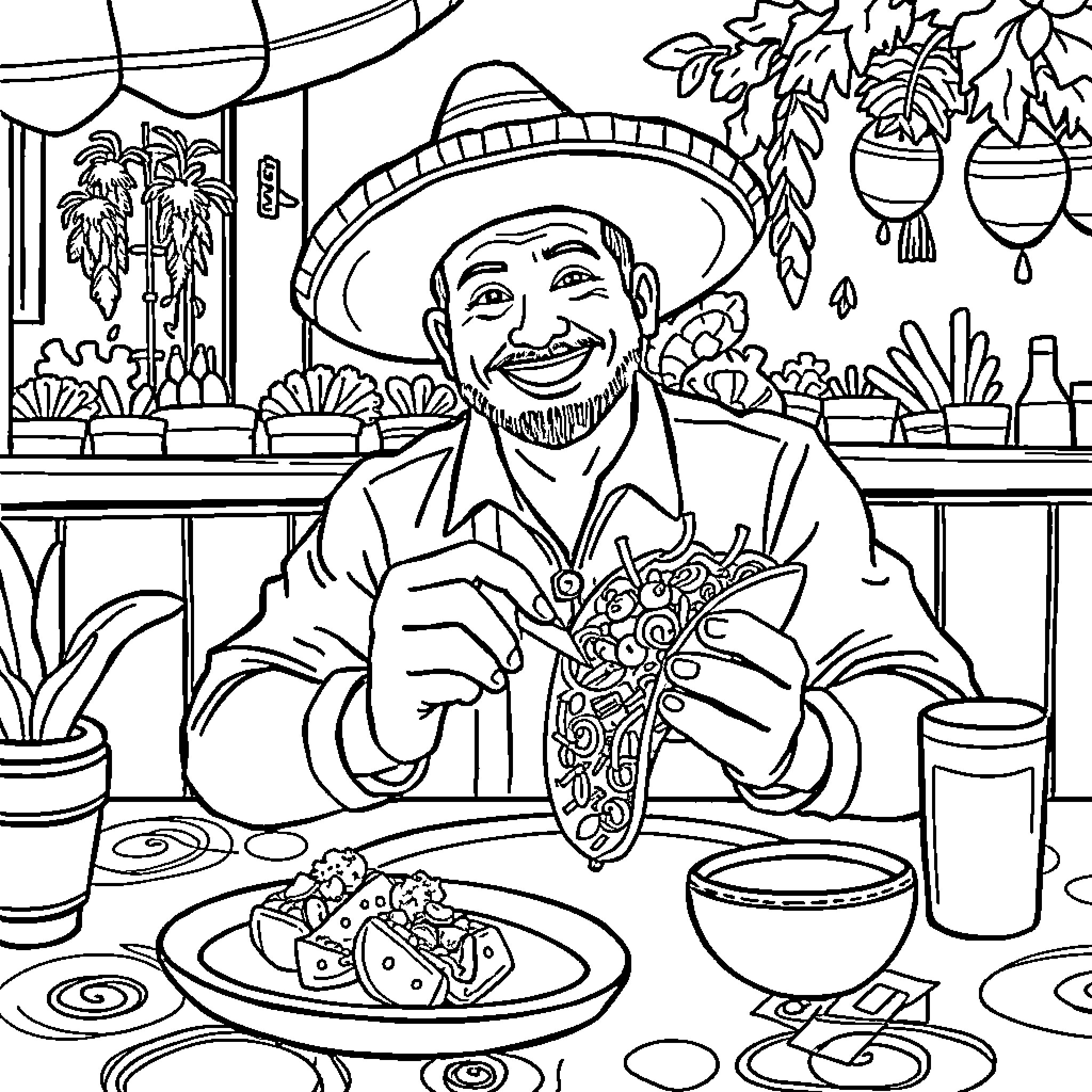 Mexican man enjoying a hearty meal at a lively restaurant Coloring Page (free black-and-white line drawing printable PDF for all, from beginners to advanced learners, including children, teens, adults, and seniors)