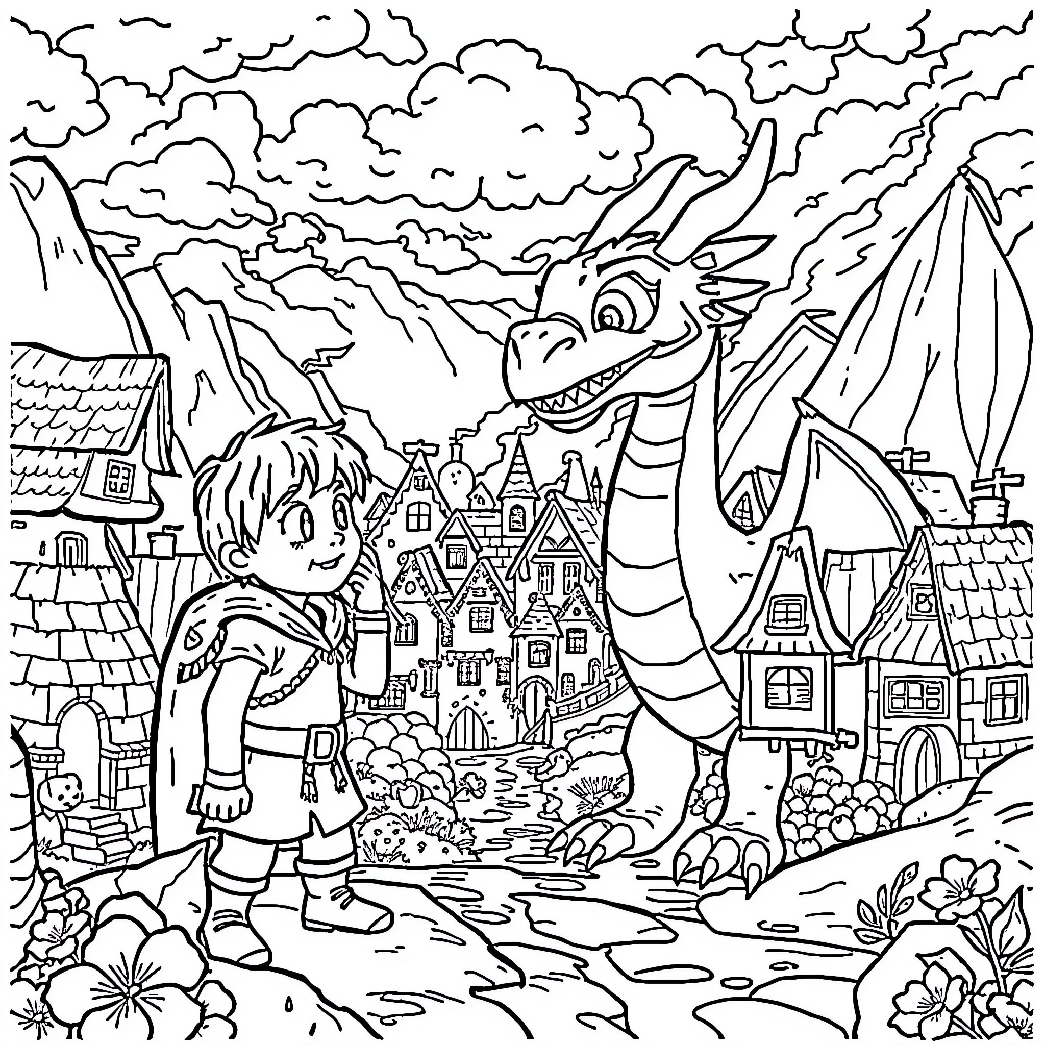 Dragon and Child Explore Fantastical Village Coloring Page (free black-and-white line drawing printable PDF for all, from beginners to advanced learners, including children, teens, adults, and seniors)