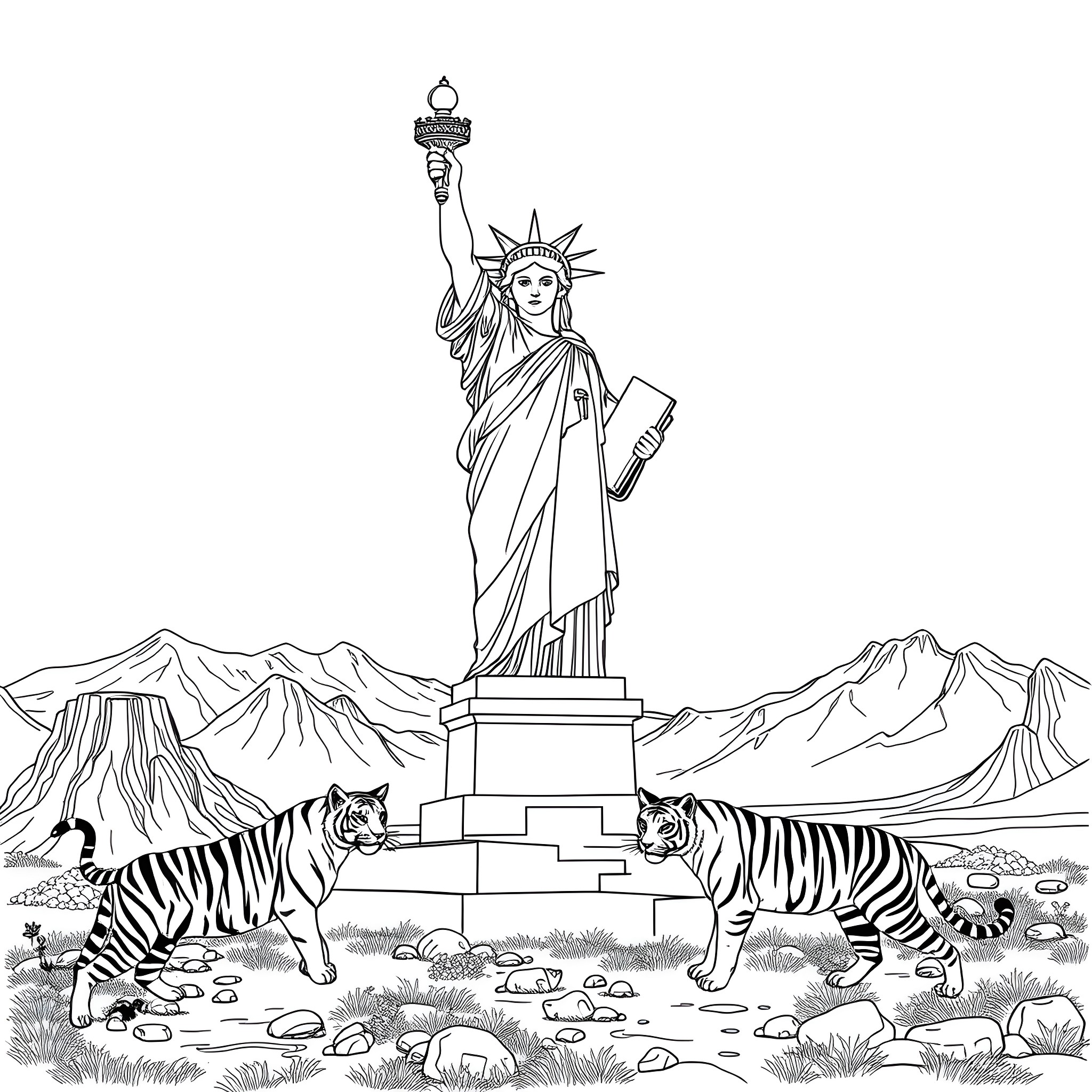 Statue Of Liberty standing tall amidst mountain landscapes and wild tigers Coloring Page (free black-and-white line drawing printable PDF for all, from beginners to advanced learners, including children, teens, adults, and seniors)