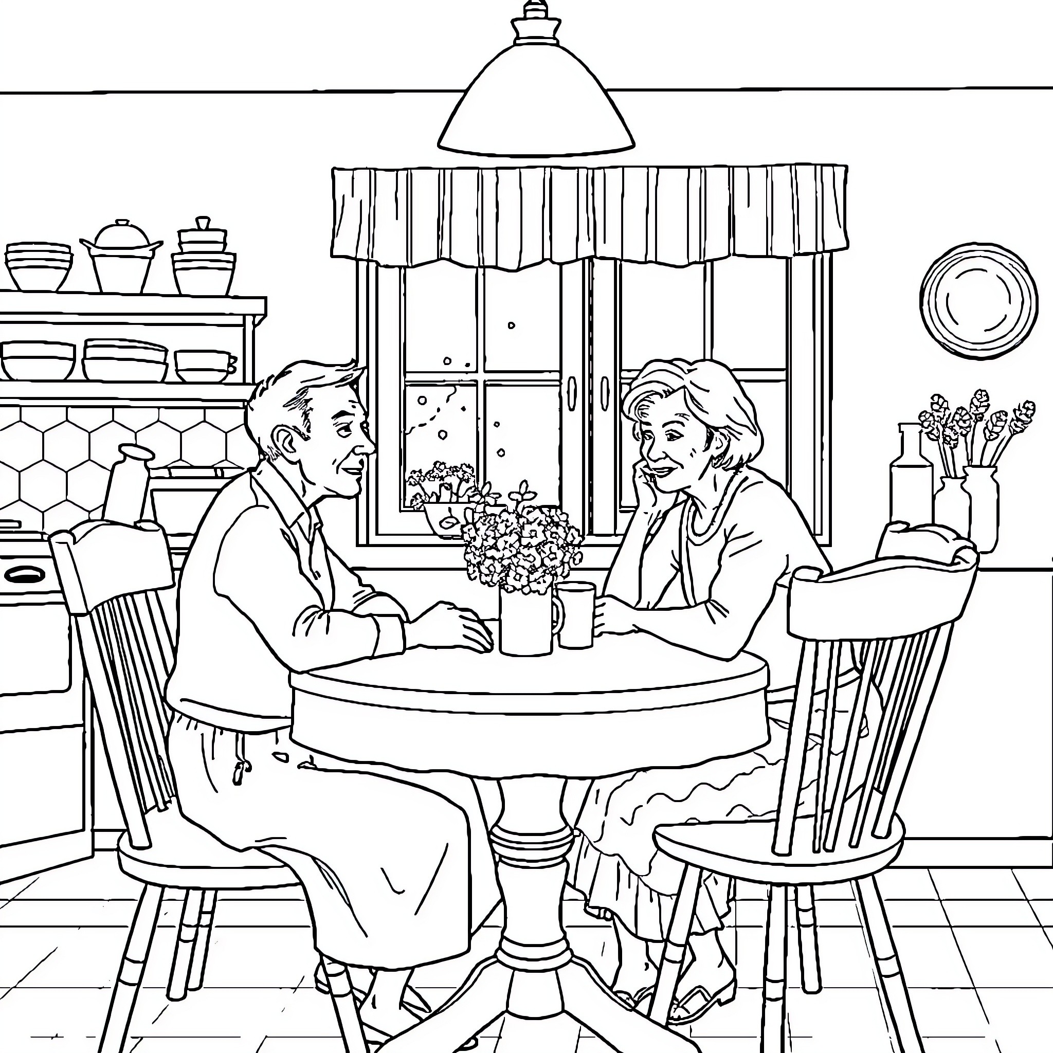 Marve's Cozy Cafe Conversation Coloring Page (free black-and-white line drawing printable PDF for all, from beginners to advanced learners, including children, teens, adults, and seniors)