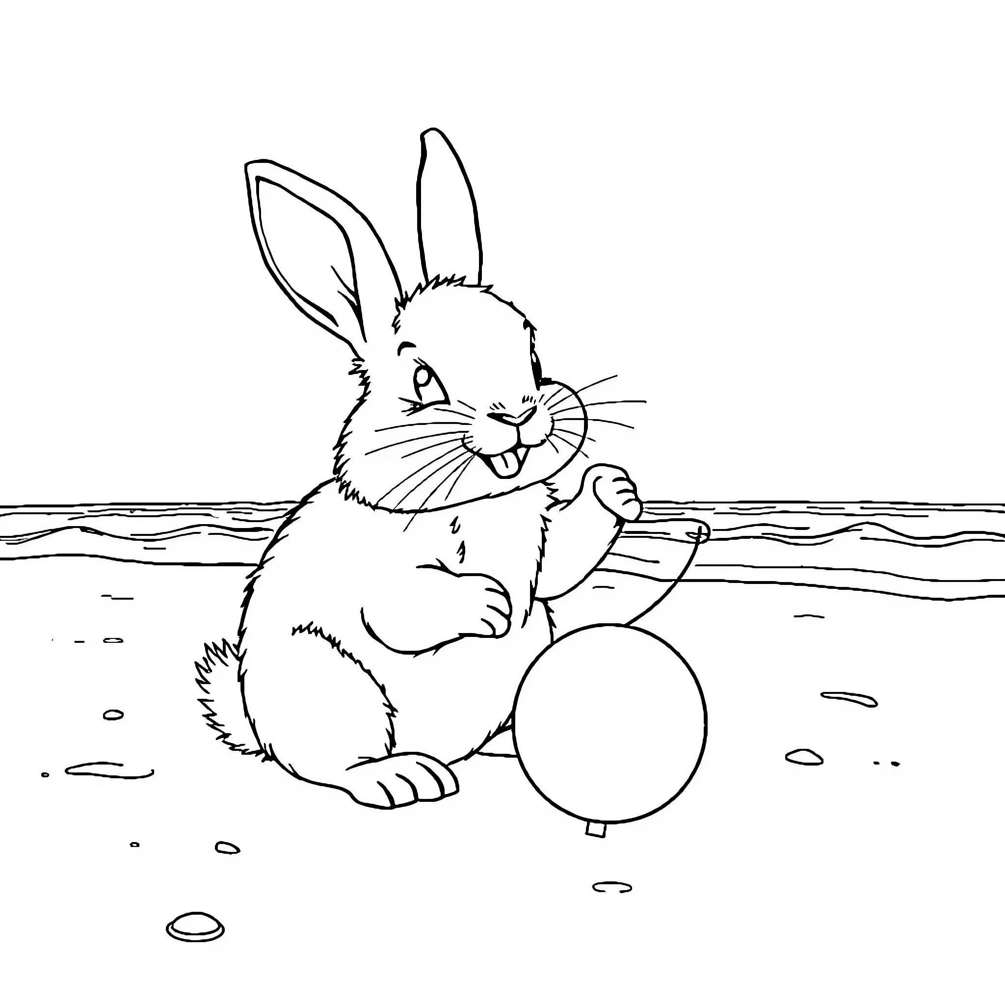 Rabbit playing with a ball in the park Coloring Page (free black-and-white line drawing printable PDF for all, from beginners to advanced learners, including children, teens, adults, and seniors)