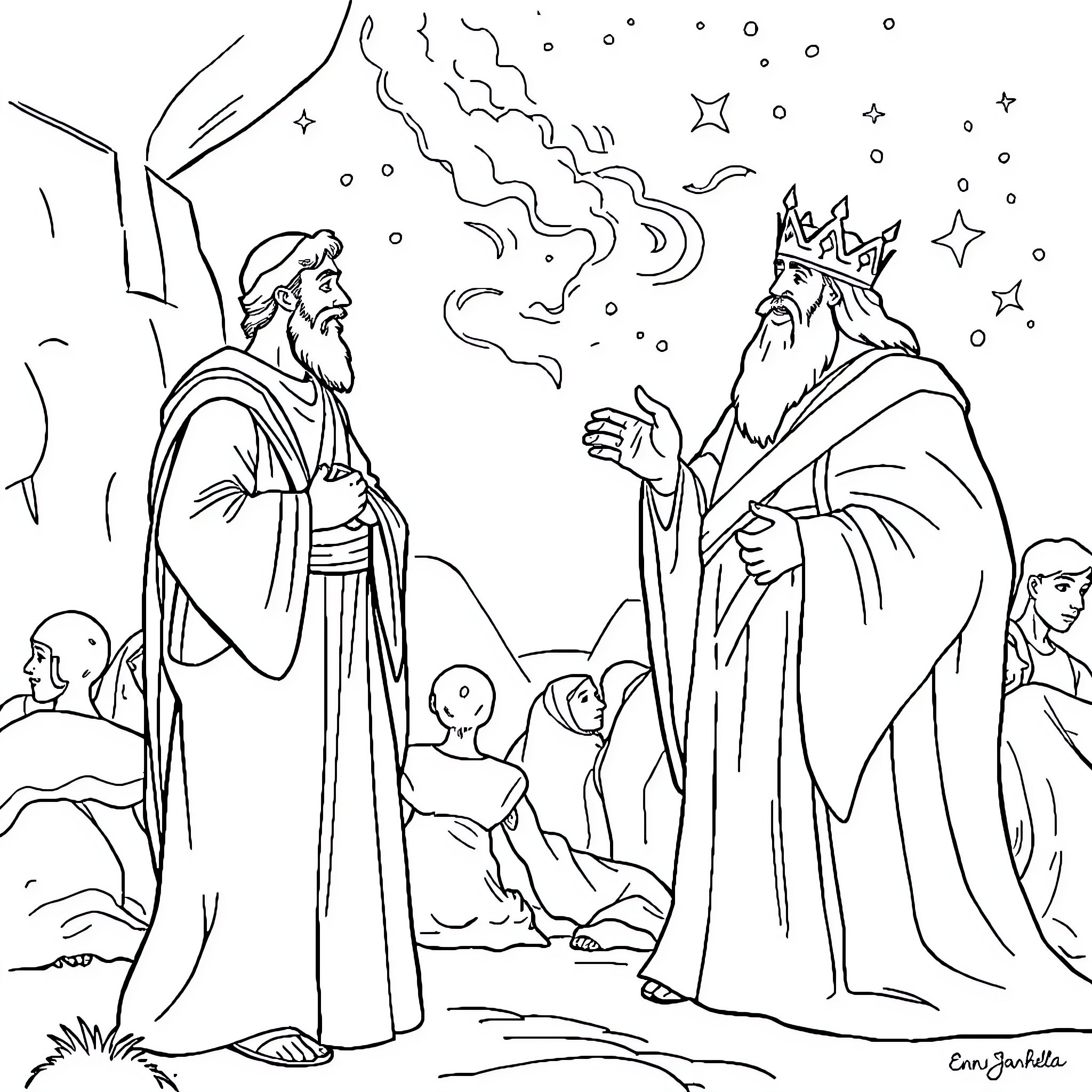 Daniel's Meeting with the Wise King Coloring Page (free black-and-white line drawing printable PDF for all, from beginners to advanced learners, including children, teens, adults, and seniors)