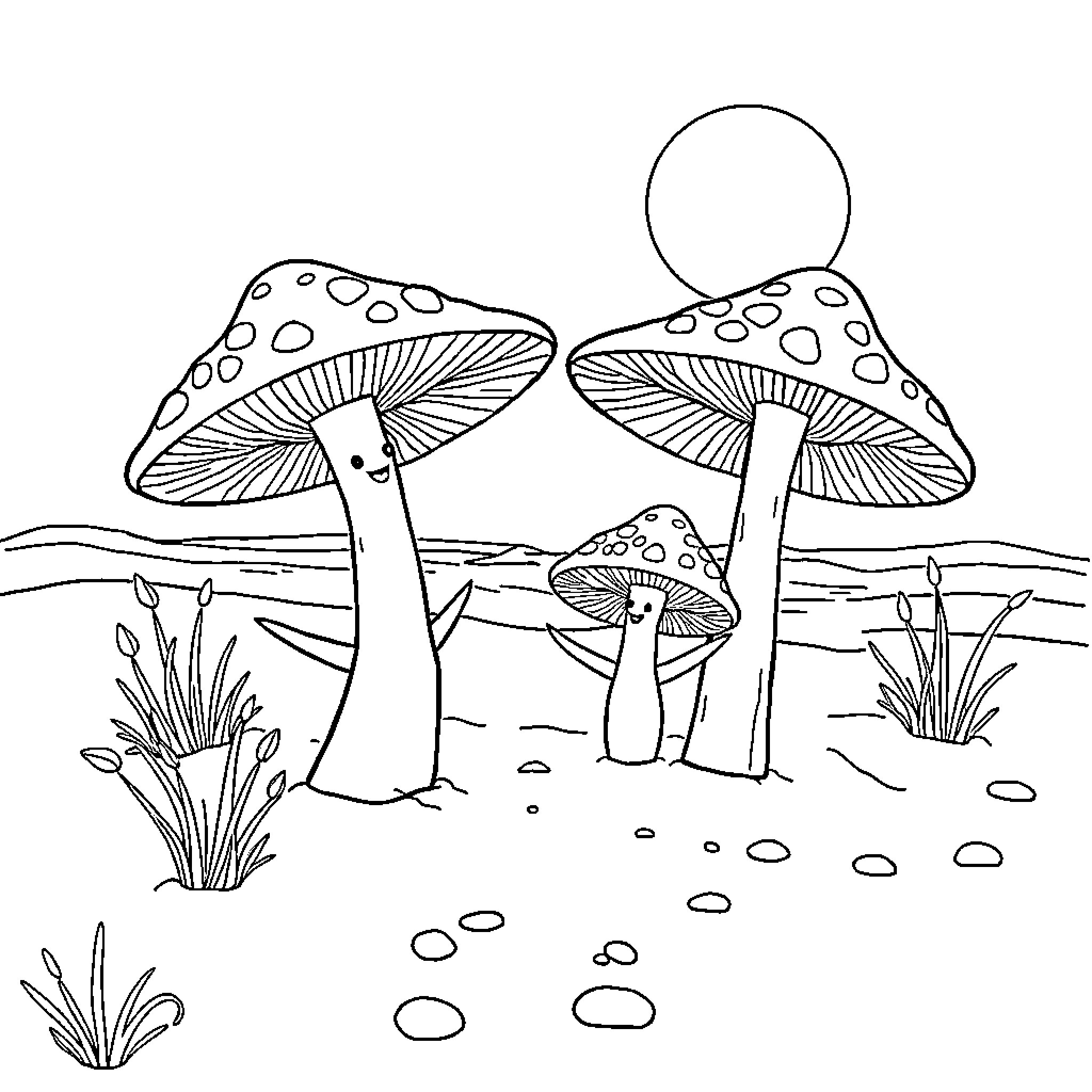Mushroom Friends Gather in the Forest Coloring Page (free black-and-white line drawing printable PDF for all, from beginners to advanced learners, including children, teens, adults, and seniors)