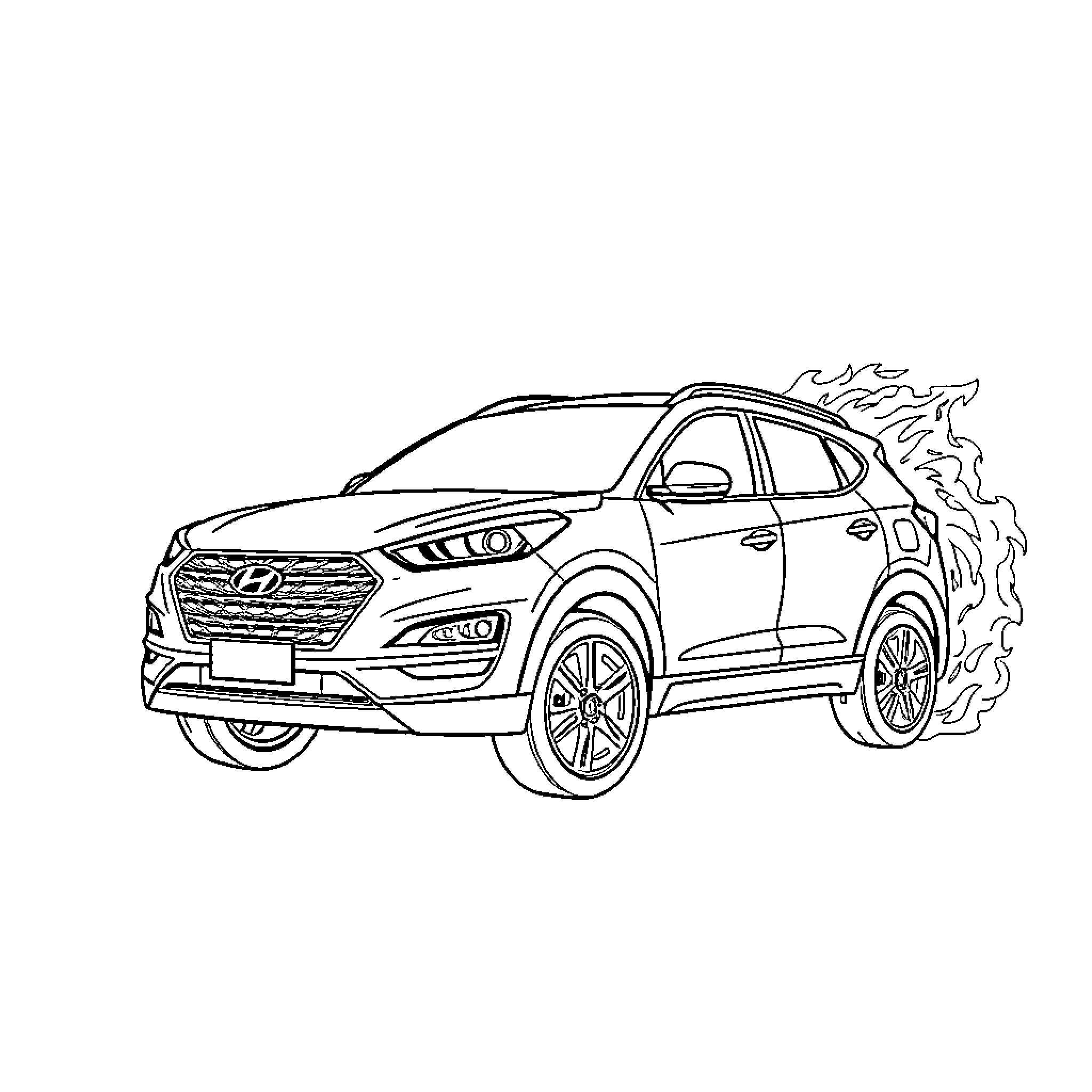 Tucson SUV speeding through the road Coloring Page (free black-and-white line drawing printable PDF for all, from beginners to advanced learners, including children, teens, adults, and seniors)