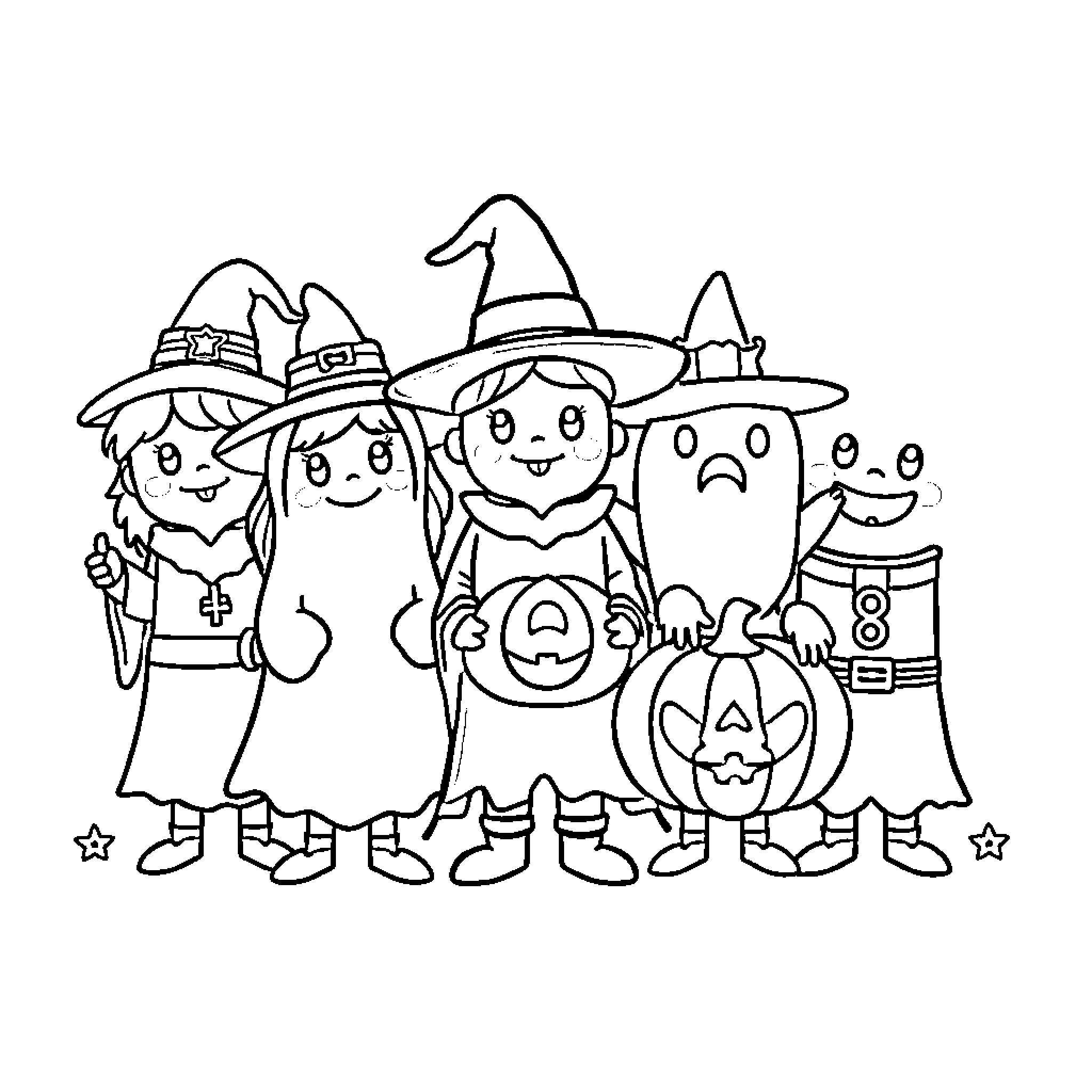 Crayon friends in Halloween costumes Coloring Page (free black-and-white line drawing printable PDF for all, from beginners to advanced learners, including children, teens, adults, and seniors)