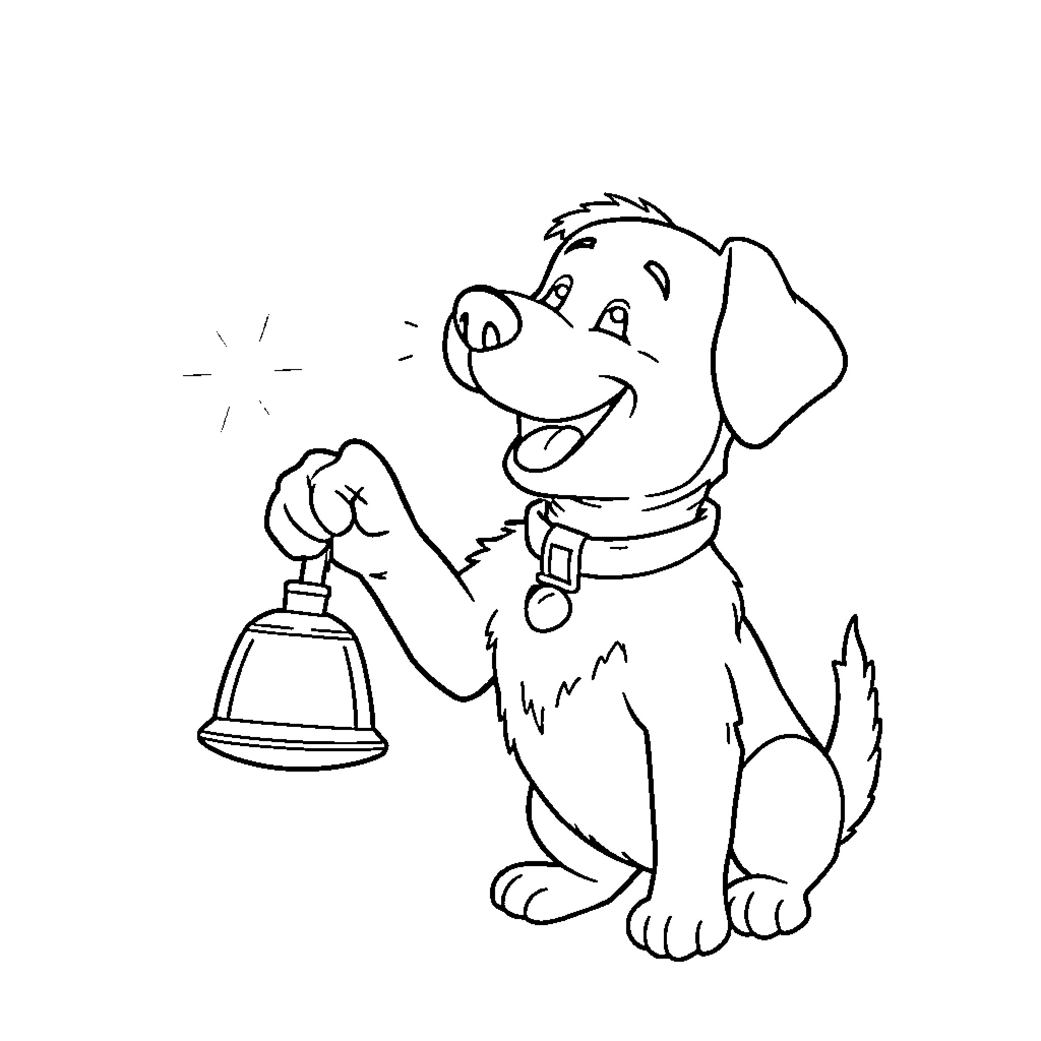 Dog ringing bell joyfully Coloring Page (free black-and-white line drawing printable PDF for all, from beginners to advanced learners, including children, teens, adults, and seniors)