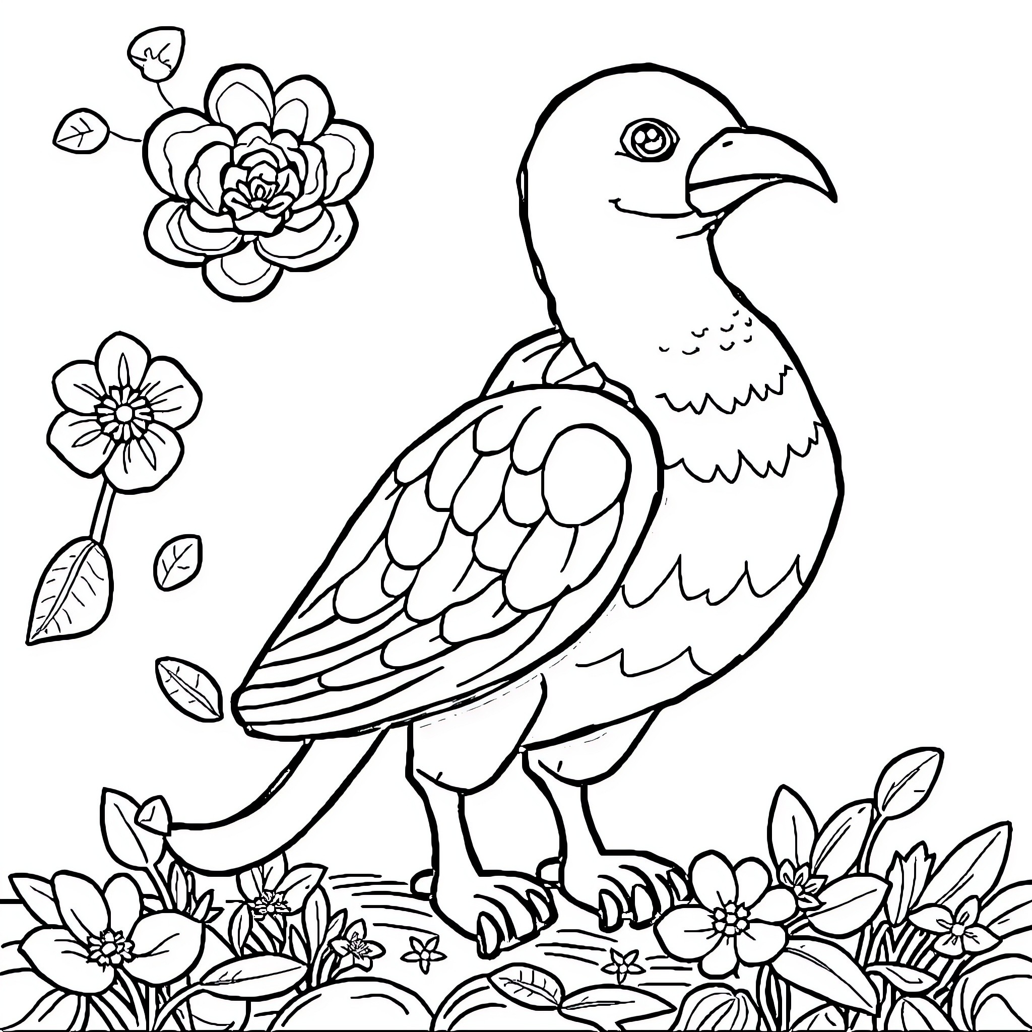 Roller Skating Avian Amidst Floral Bloom Coloring Page (free black-and-white line drawing printable PDF for all, from beginners to advanced learners, including children, teens, adults, and seniors)