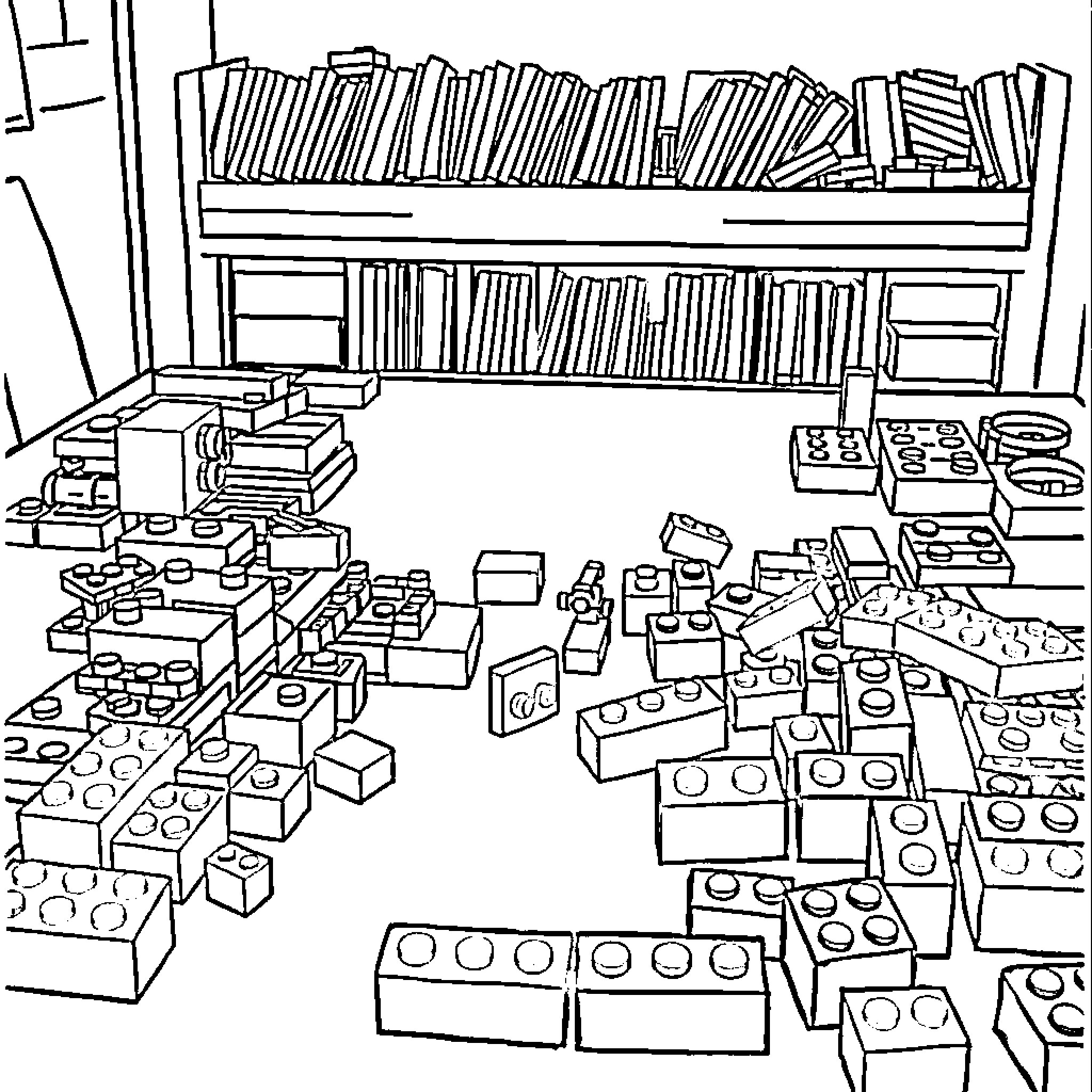 Lego Pieces Strewn in Messy Playroom Coloring Page (free black-and-white line drawing printable PDF for all, from beginners to advanced learners, including children, teens, adults, and seniors)