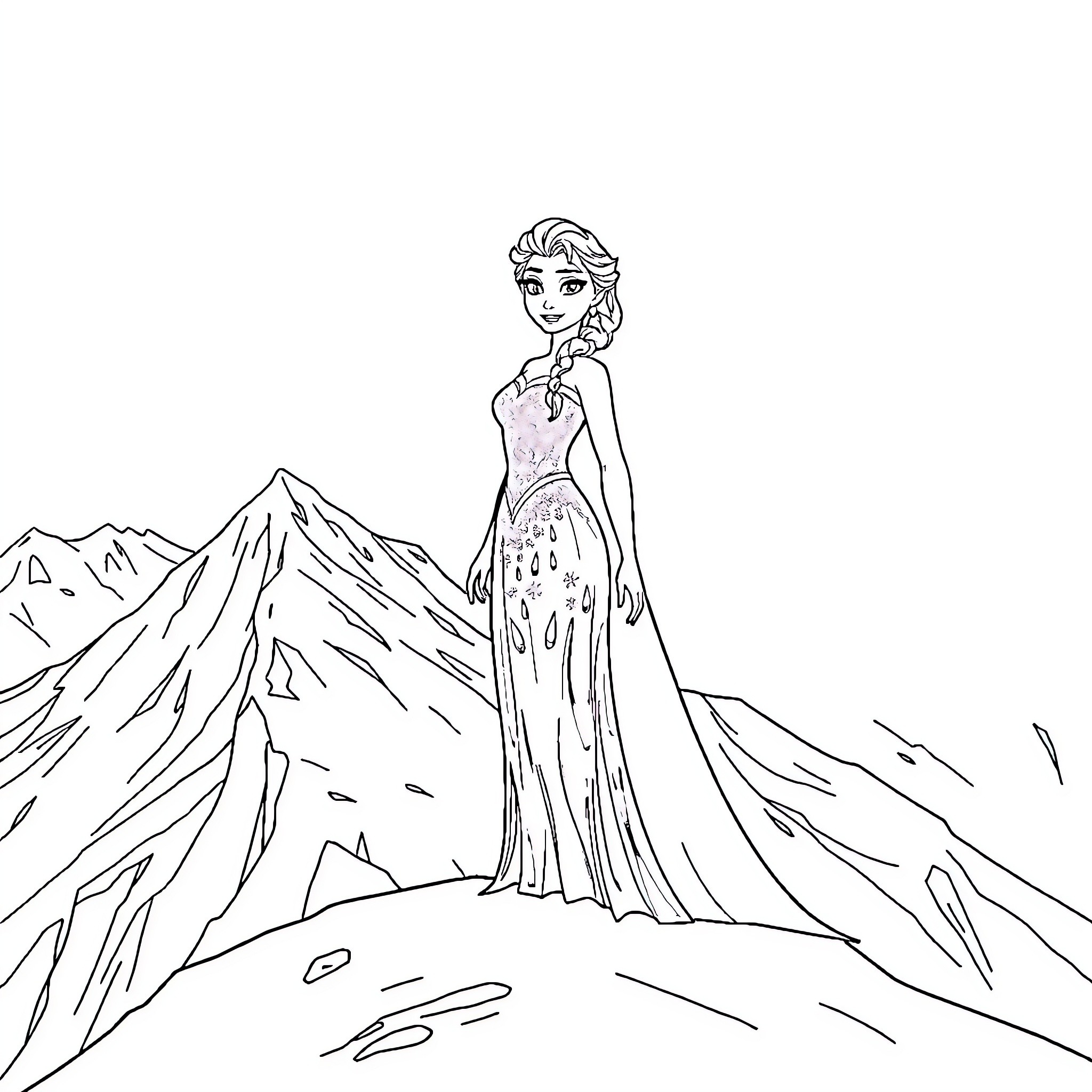 Elsa's Icy Adventure in the Mountains Coloring Page (free black-and-white line drawing printable PDF for all, from beginners to advanced learners, including children, teens, adults, and seniors)