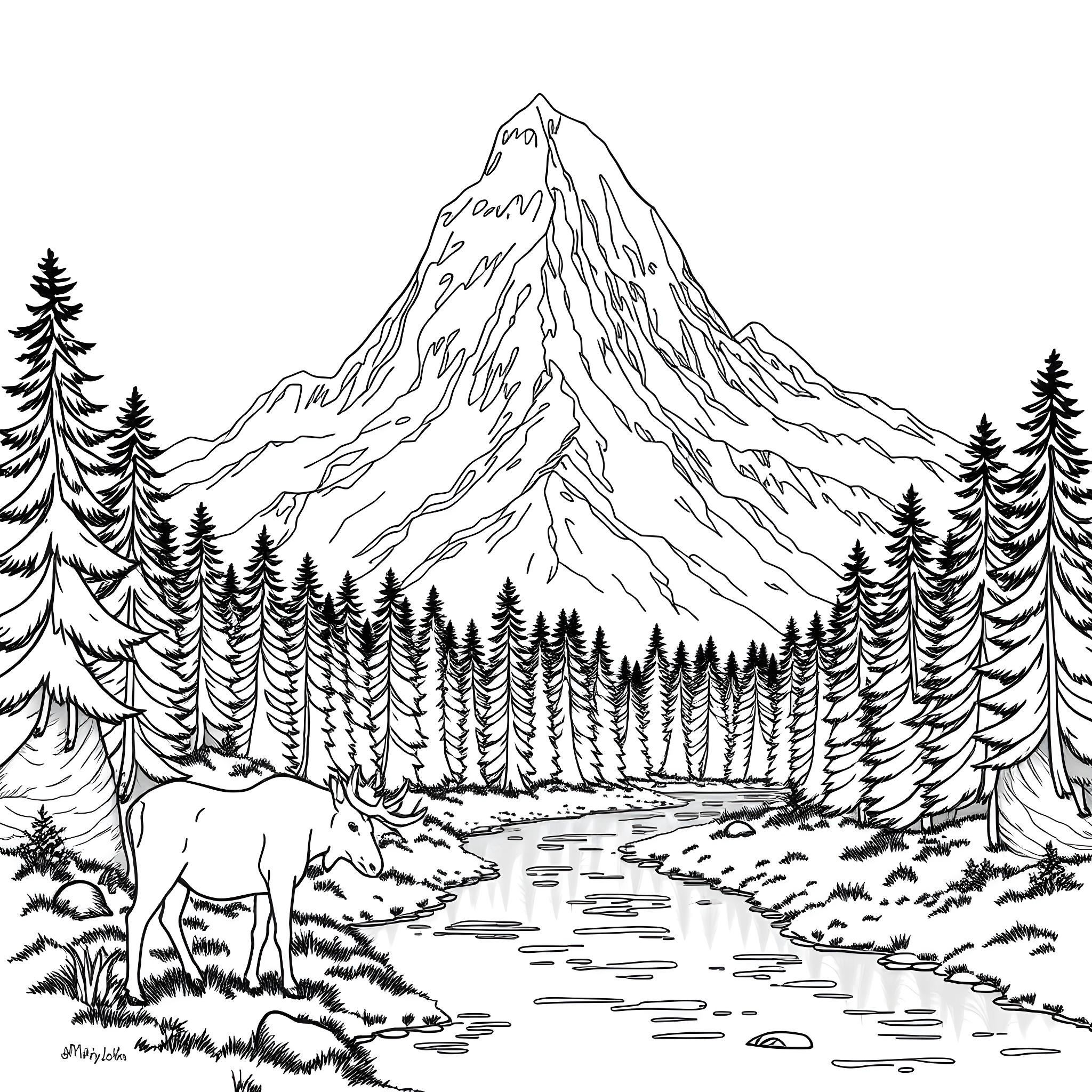 Mountain landscape with wildlife scene Coloring Page (free black-and-white line drawing printable PDF for all, from beginners to advanced learners, including children, teens, adults, and seniors)