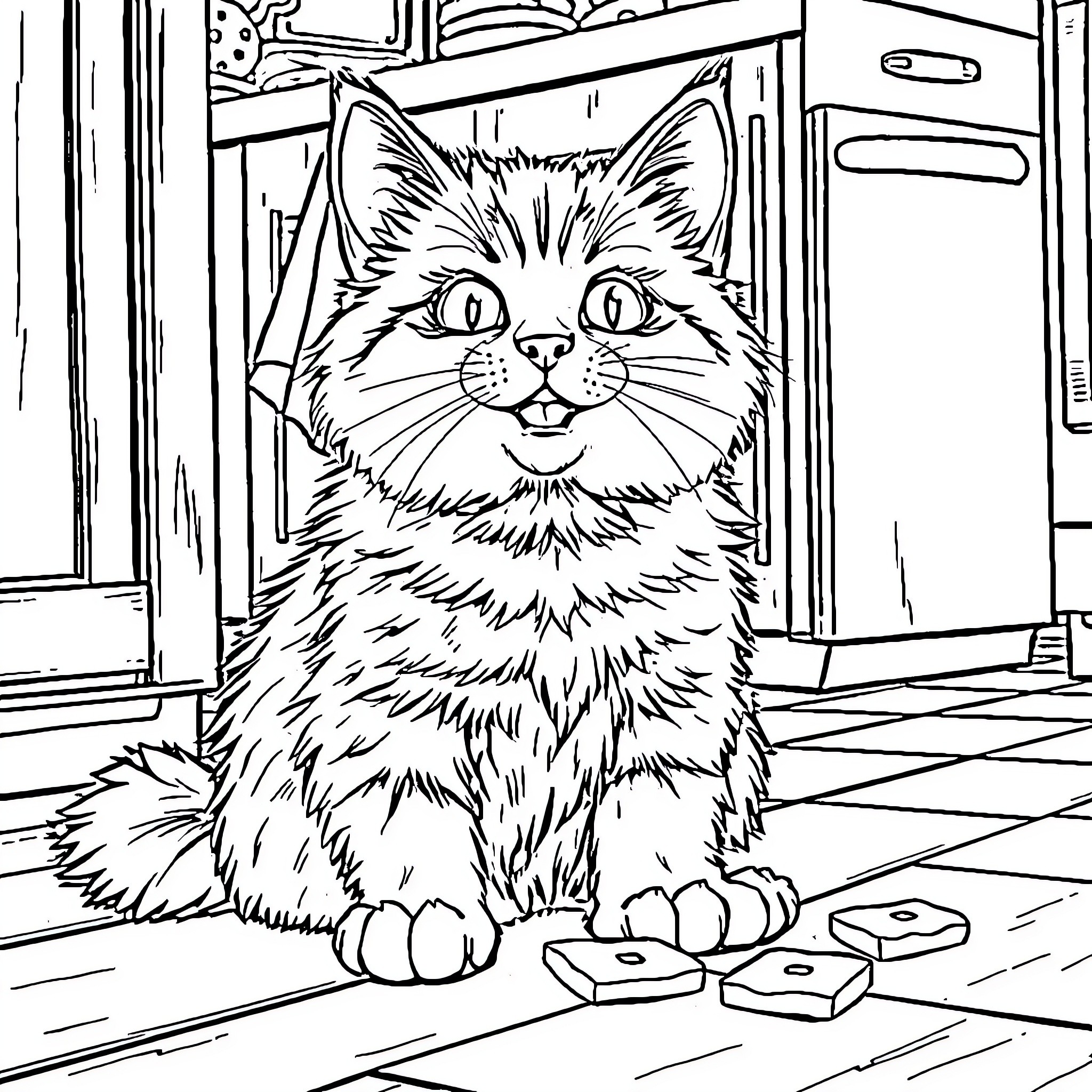 Cat playing with toys in the room Coloring Page (free black-and-white line drawing printable PDF for all, from beginners to advanced learners, including children, teens, adults, and seniors)