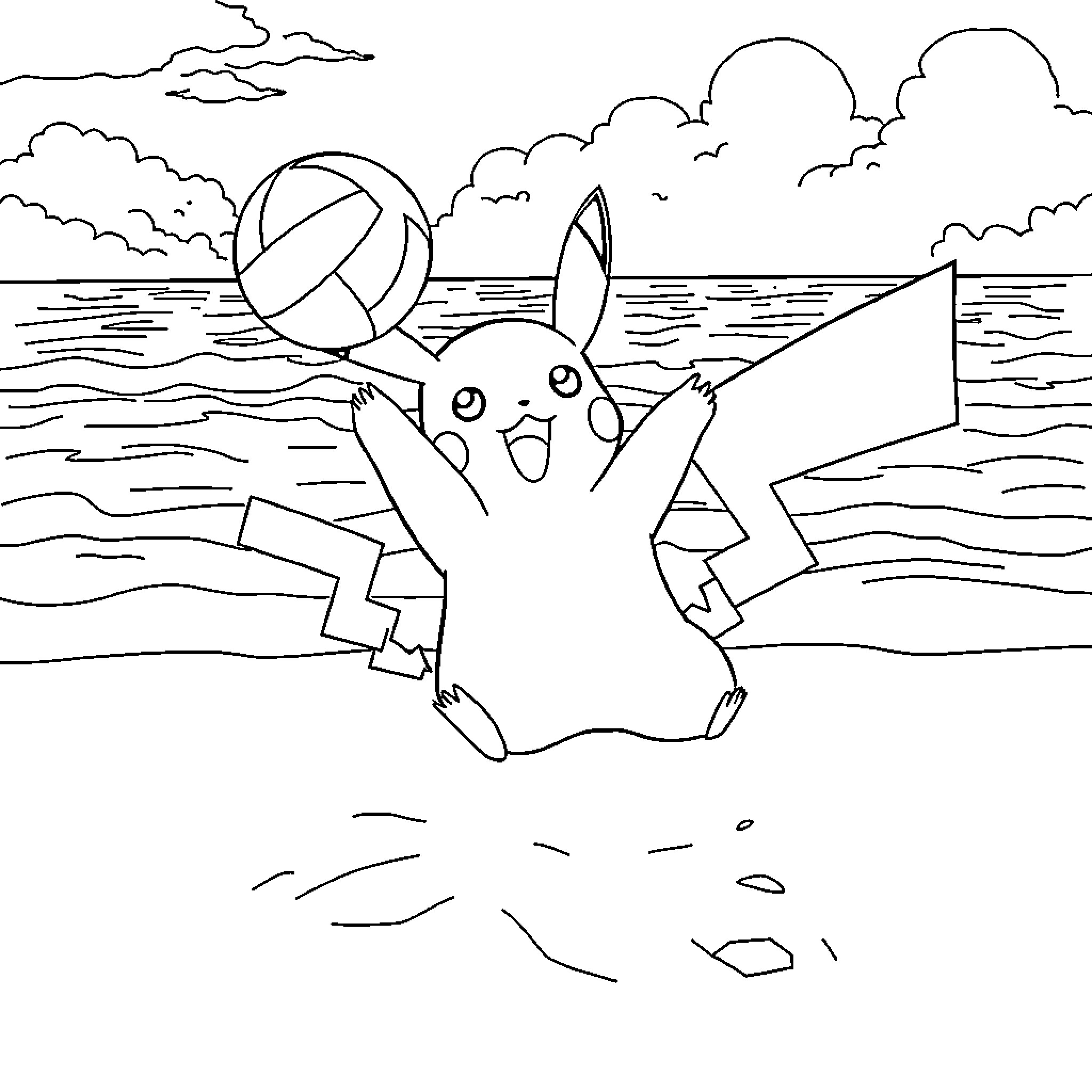 Pikachu playing happily with a beach ball in the ocean Coloring Page (free black-and-white line drawing printable PDF for all, from beginners to advanced learners, including children, teens, adults, and seniors)