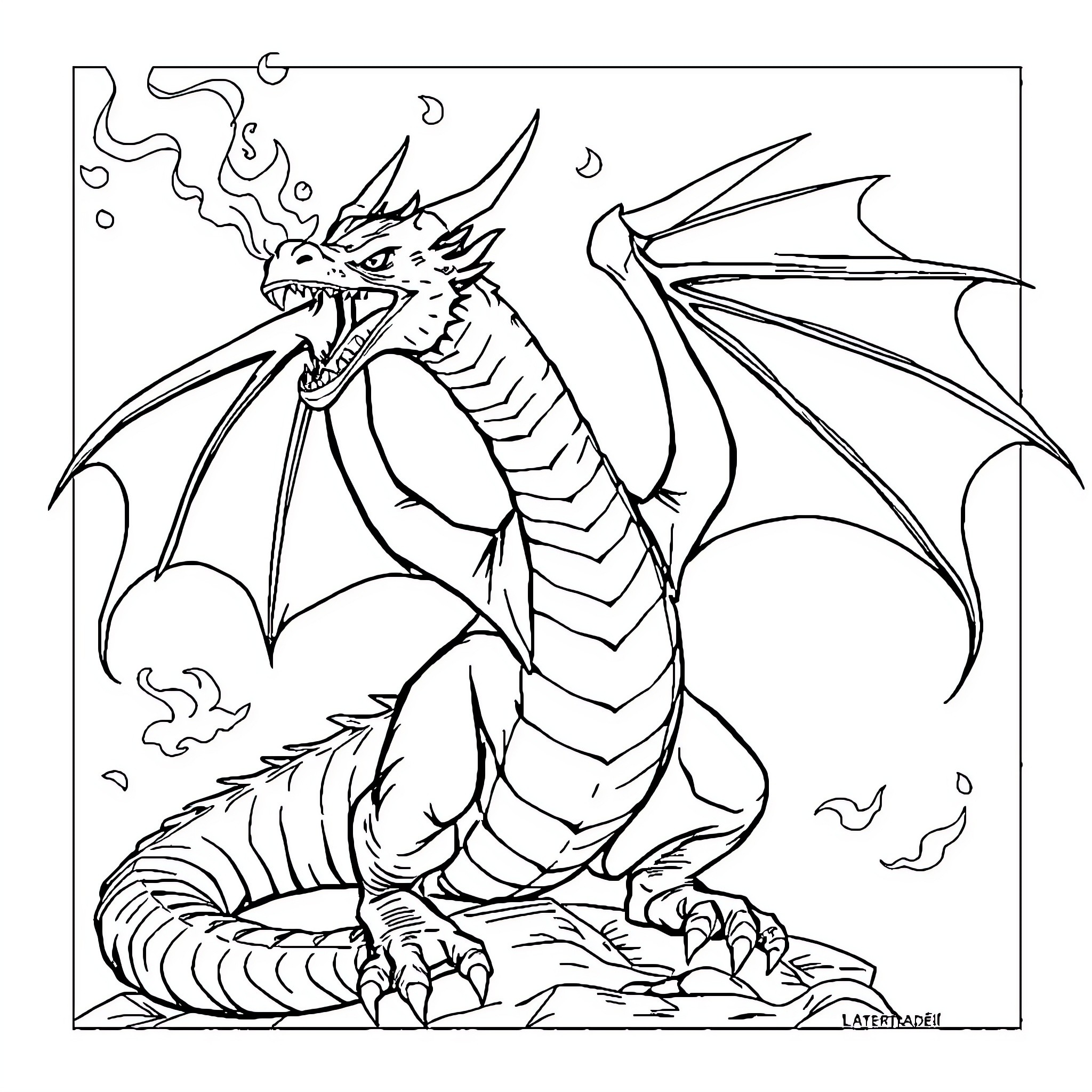 Dracaufeu's Fiery Roar Coloring Page (free black-and-white line drawing printable PDF for all, from beginners to advanced learners, including children, teens, adults, and seniors)