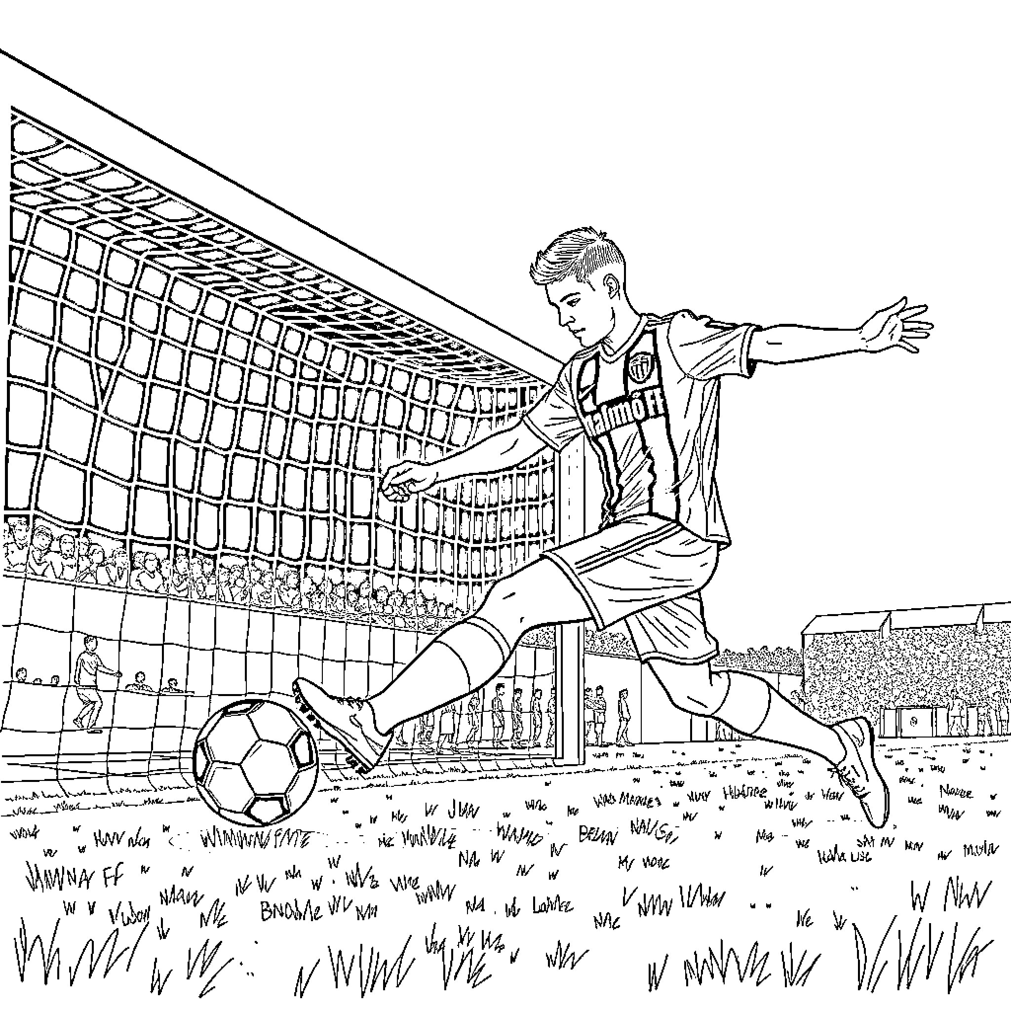 Malmö FF Player Kicking Soccer Ball on Field Coloring Page (free black-and-white line drawing printable PDF for all, from beginners to advanced learners, including children, teens, adults, and seniors)