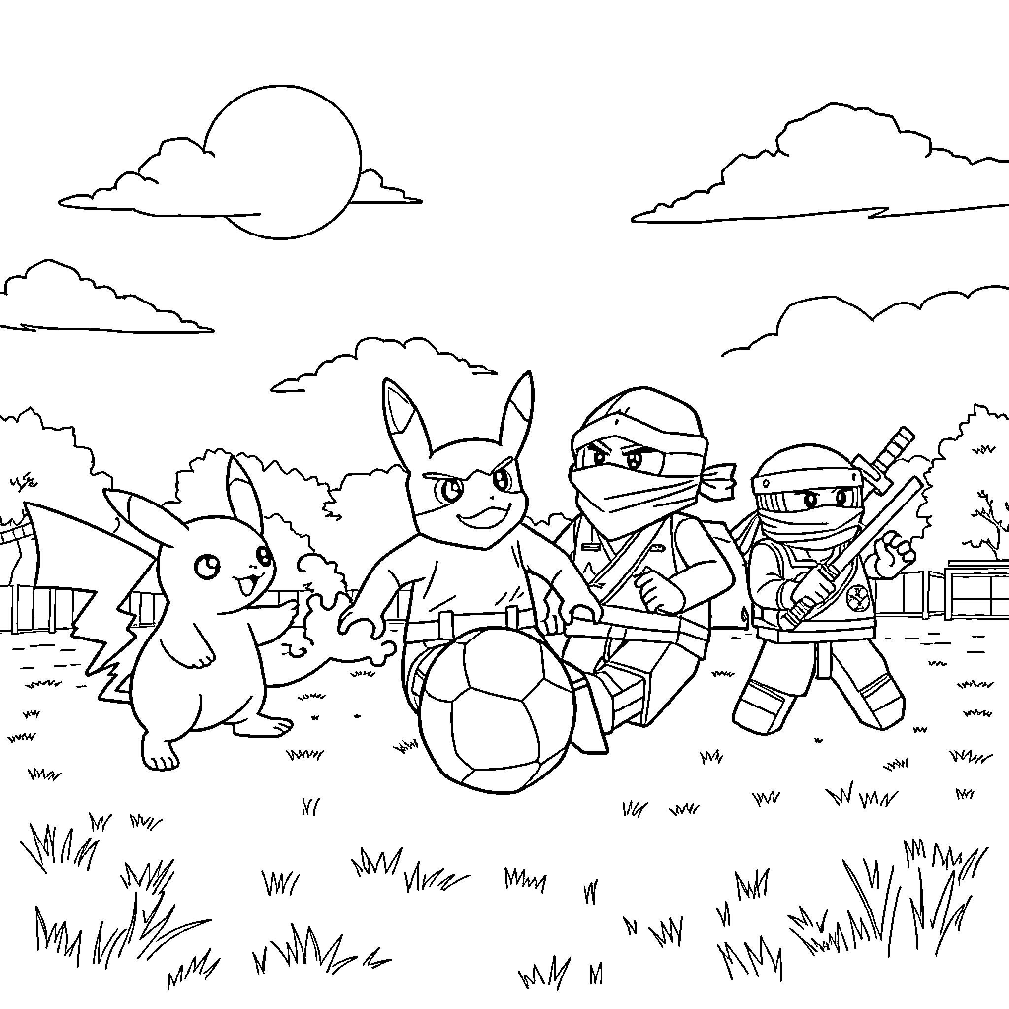 Pokémon characters in an outdoor scene Coloring Page (free black-and-white line drawing printable PDF for all, from beginners to advanced learners, including children, teens, adults, and seniors)