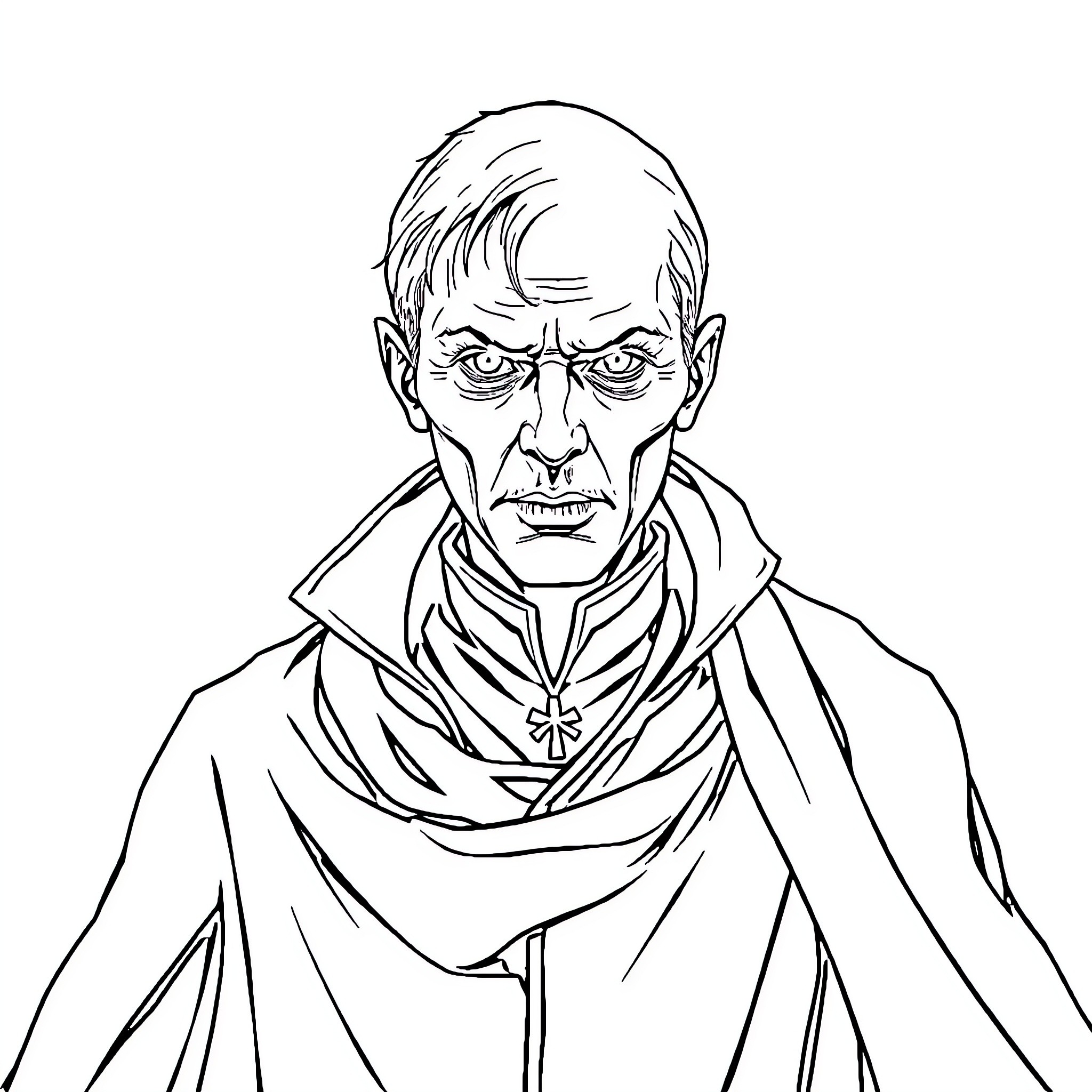 Voldemort in somber and contemplative pose Coloring Page (free black-and-white line drawing printable PDF for all, from beginners to advanced learners, including children, teens, adults, and seniors)