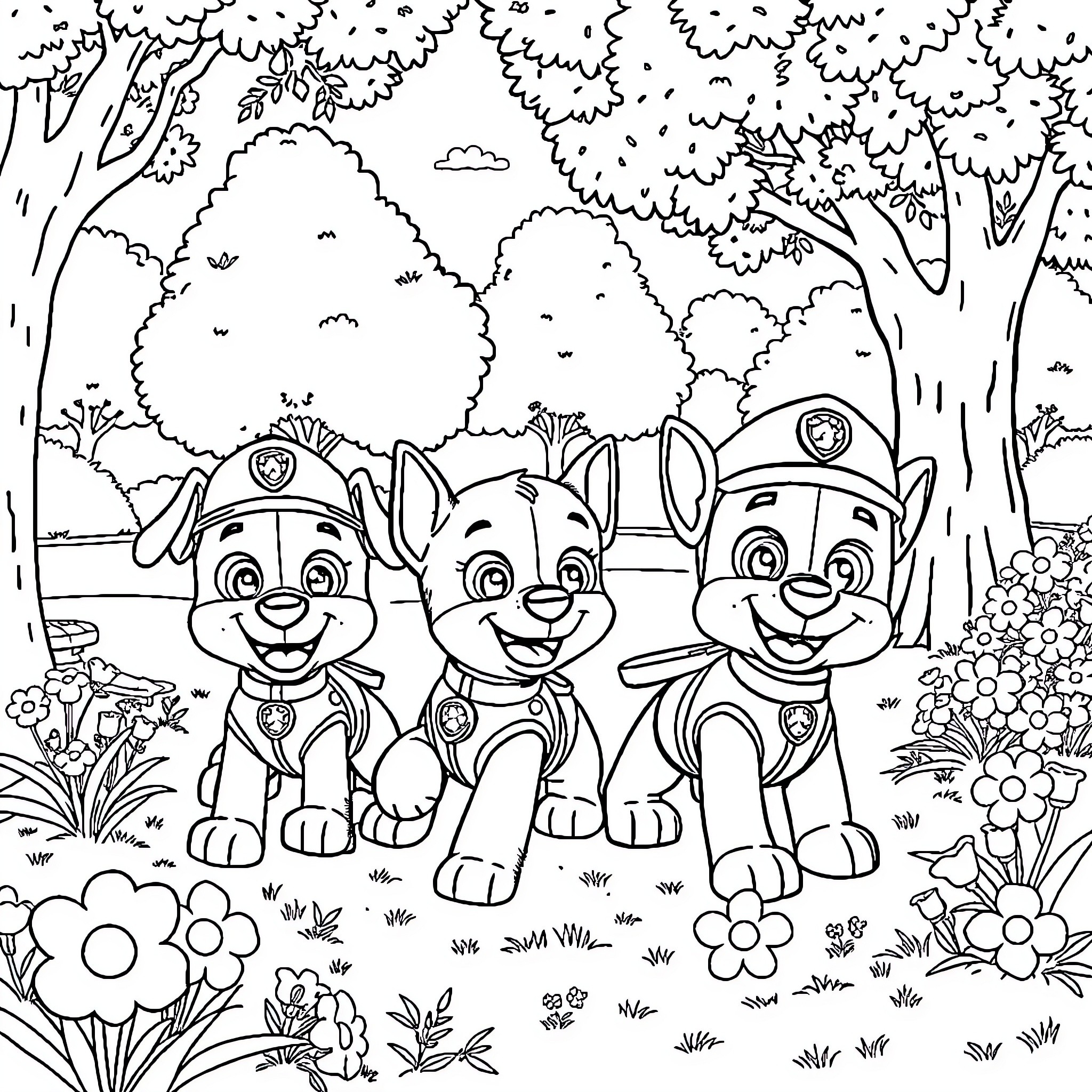 Paw Patrol Puppies Explore Outdoor Adventure Coloring Page (free black-and-white line drawing printable PDF for all, from beginners to advanced learners, including children, teens, adults, and seniors)